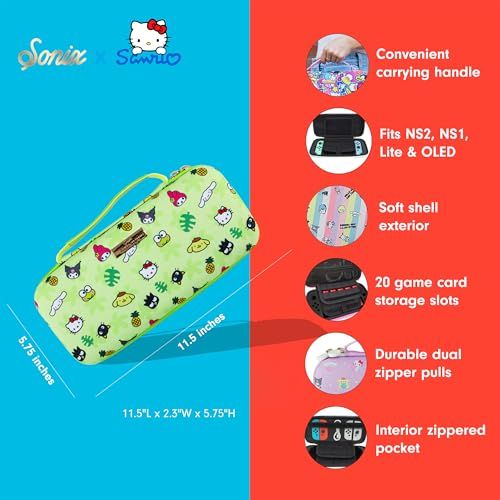 This image showcases multiple distinct benefits of the Sanrio-themed Nintendo Switch case in a segmented layout, highlighting its convenience, compatibility, storage capacity, durability, and…