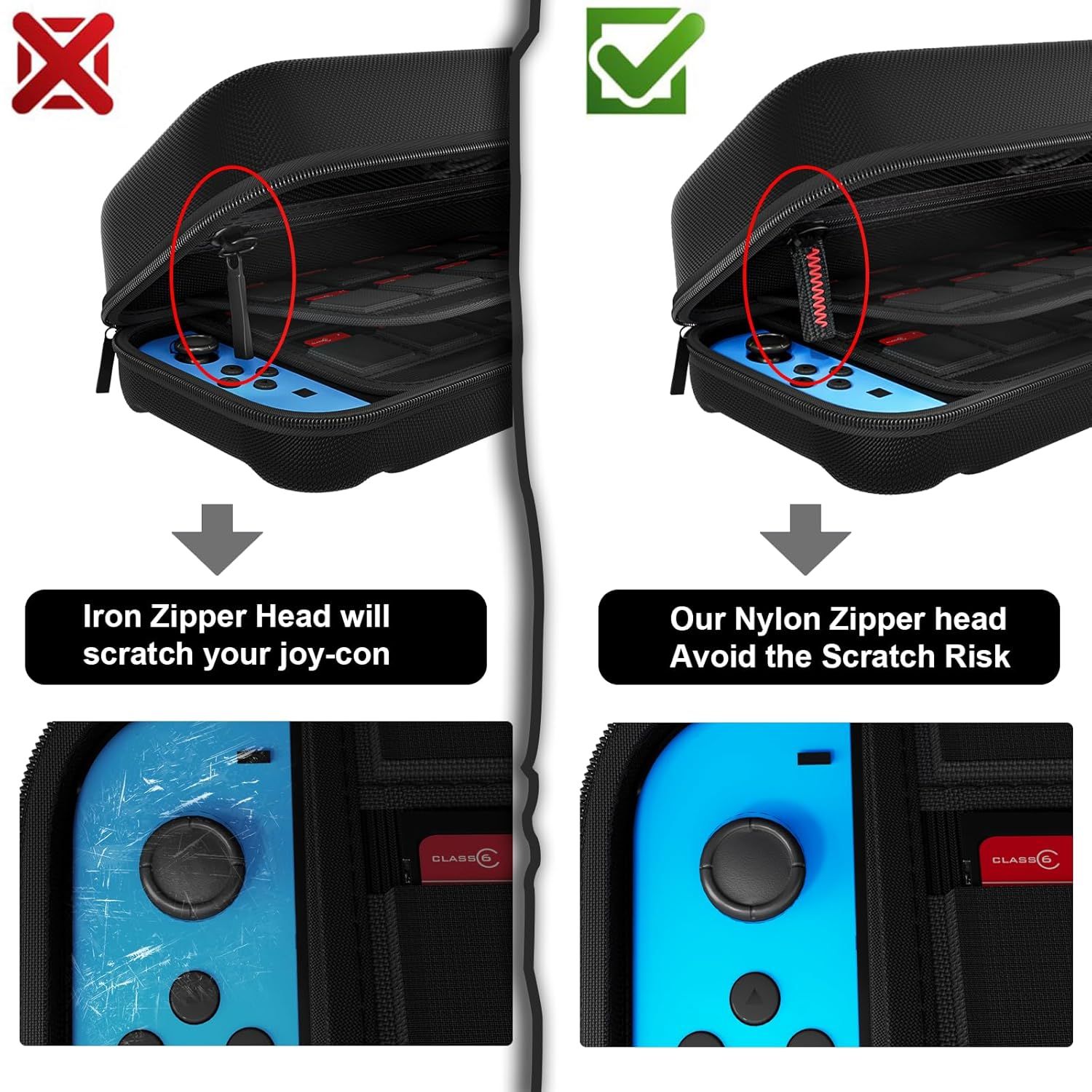 Demonstrates that the product's nylon zipper head prevents scratching damage to gaming devices, unlike competing products with iron zippers that can cause scratches. Highlights the protective…