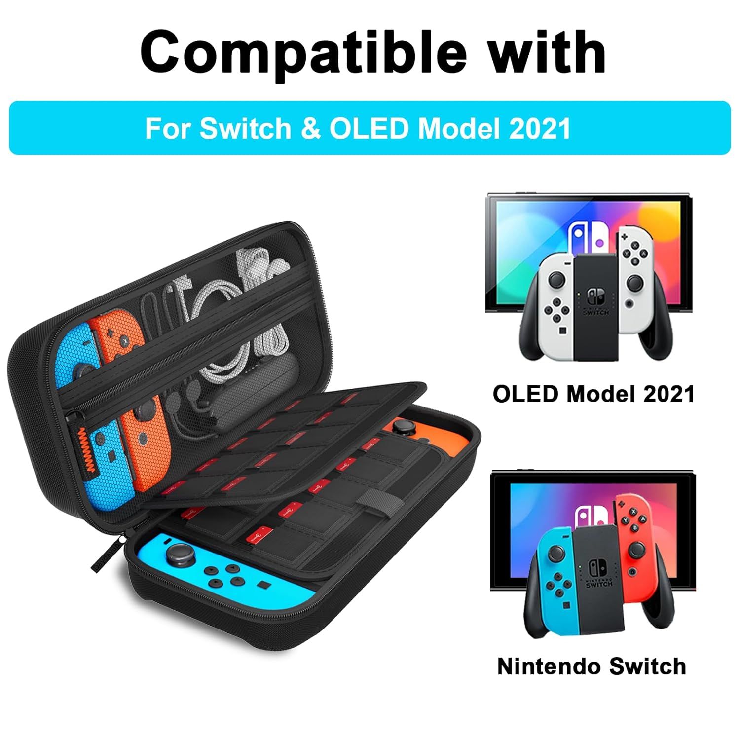 Demonstrates that the carrying case is compatible with both the Nintendo Switch and OLED Model 2021, reassuring shoppers that it will fit their specific device model.