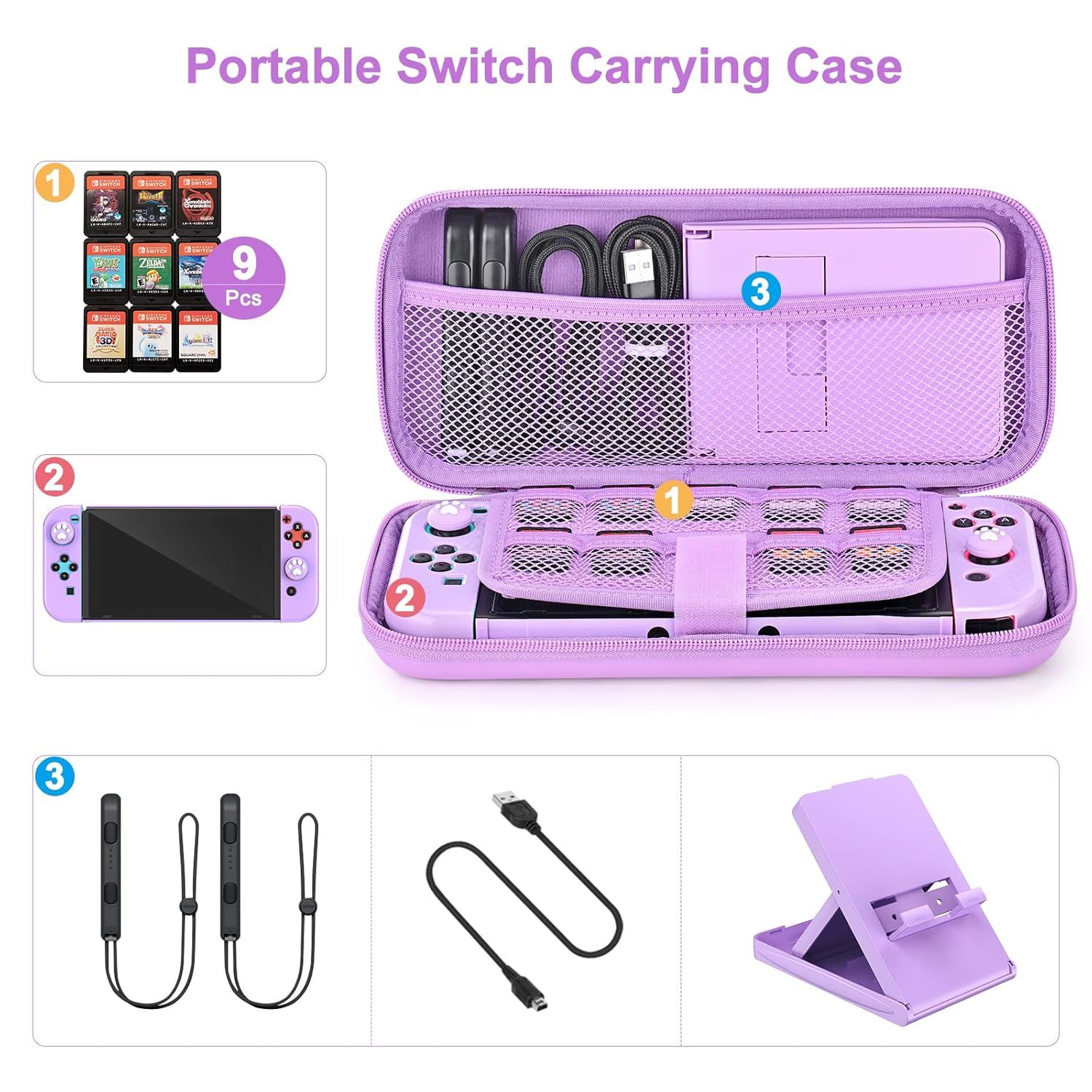 Shows everything included in the purchase—a carrying case that holds the Switch console, 9 game cartridges, charging cables, controller straps, and a stand—to demonstrate the complete value and…