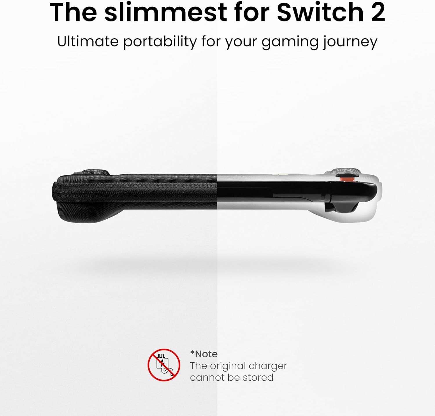 Communicates that this is the slimmest case available for the Nintendo Switch 2, emphasizing portability and compact design for gamers on the go.