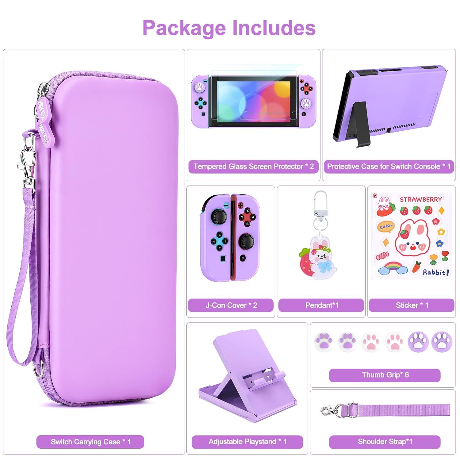 Shows all items included in the package to help shoppers understand the full value of the bundle, including carrying case, protective case, screen protectors, J-Con covers, pendant, stickers, thumb…