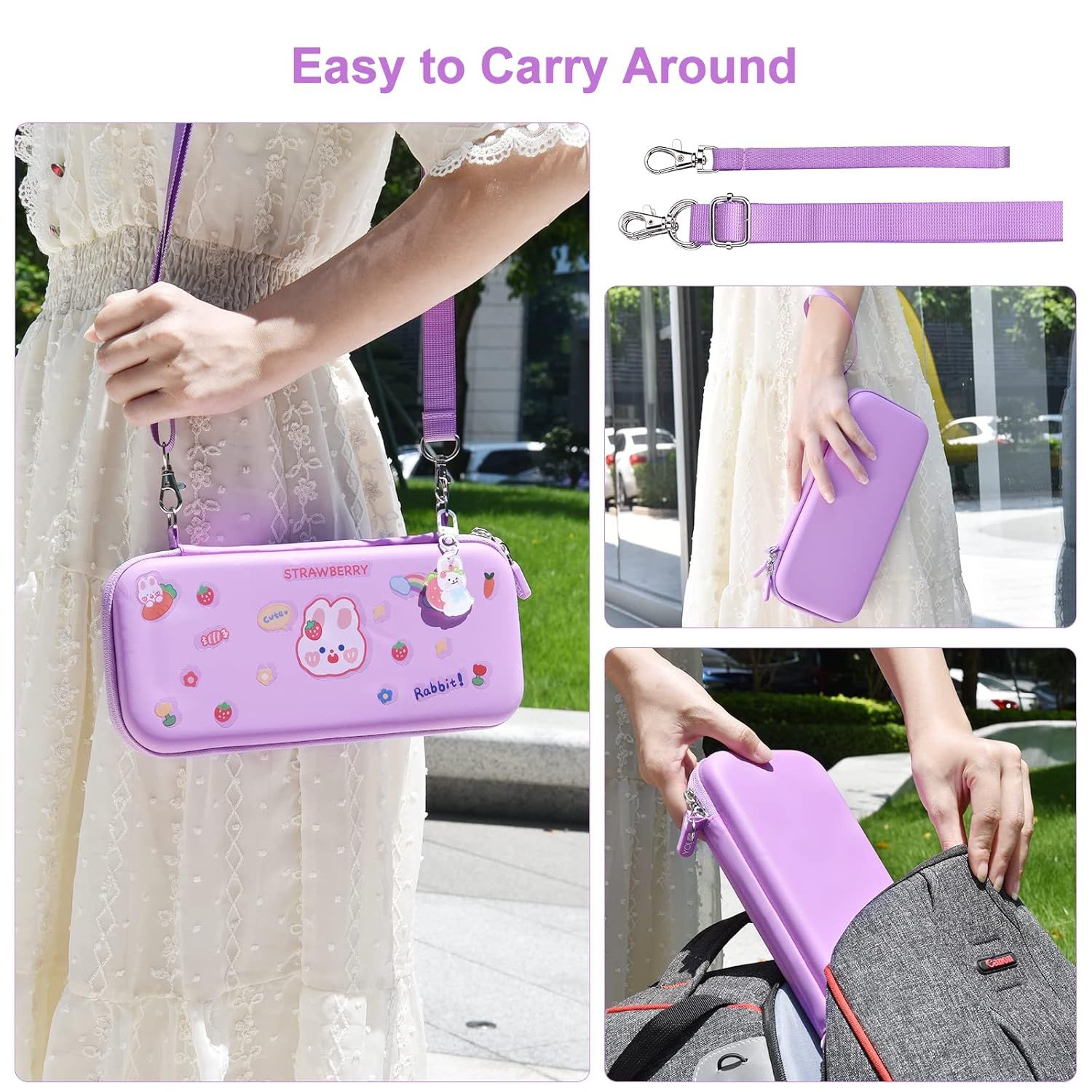Demonstrates the product's versatility by showing multiple ways to carry the case—as a crossbody bag with strap, held by hand, or attached to a backpack—reassuring shoppers of its convenience and…