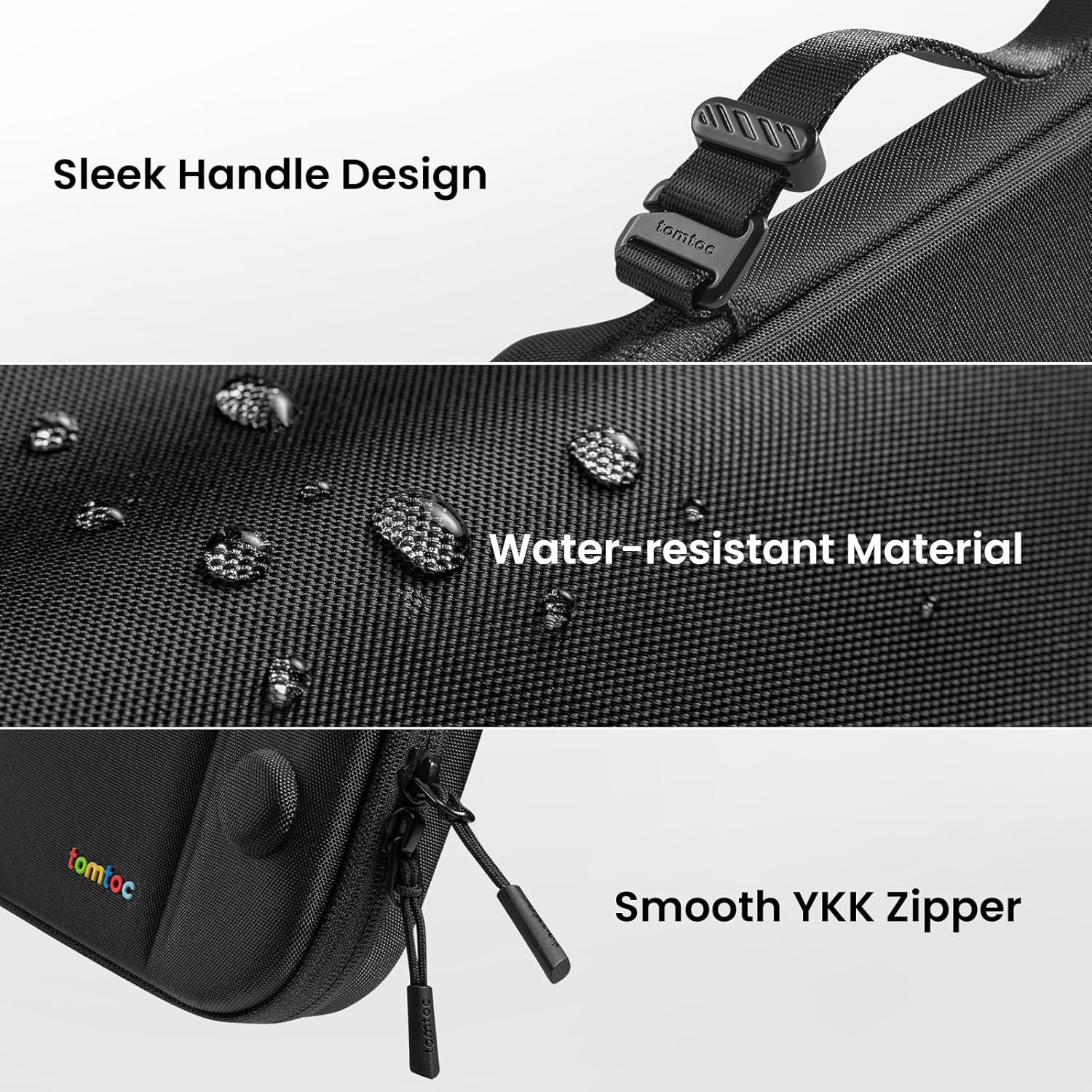 Highlights three distinct product features in a segmented layout to communicate quality construction, durability, and premium components.