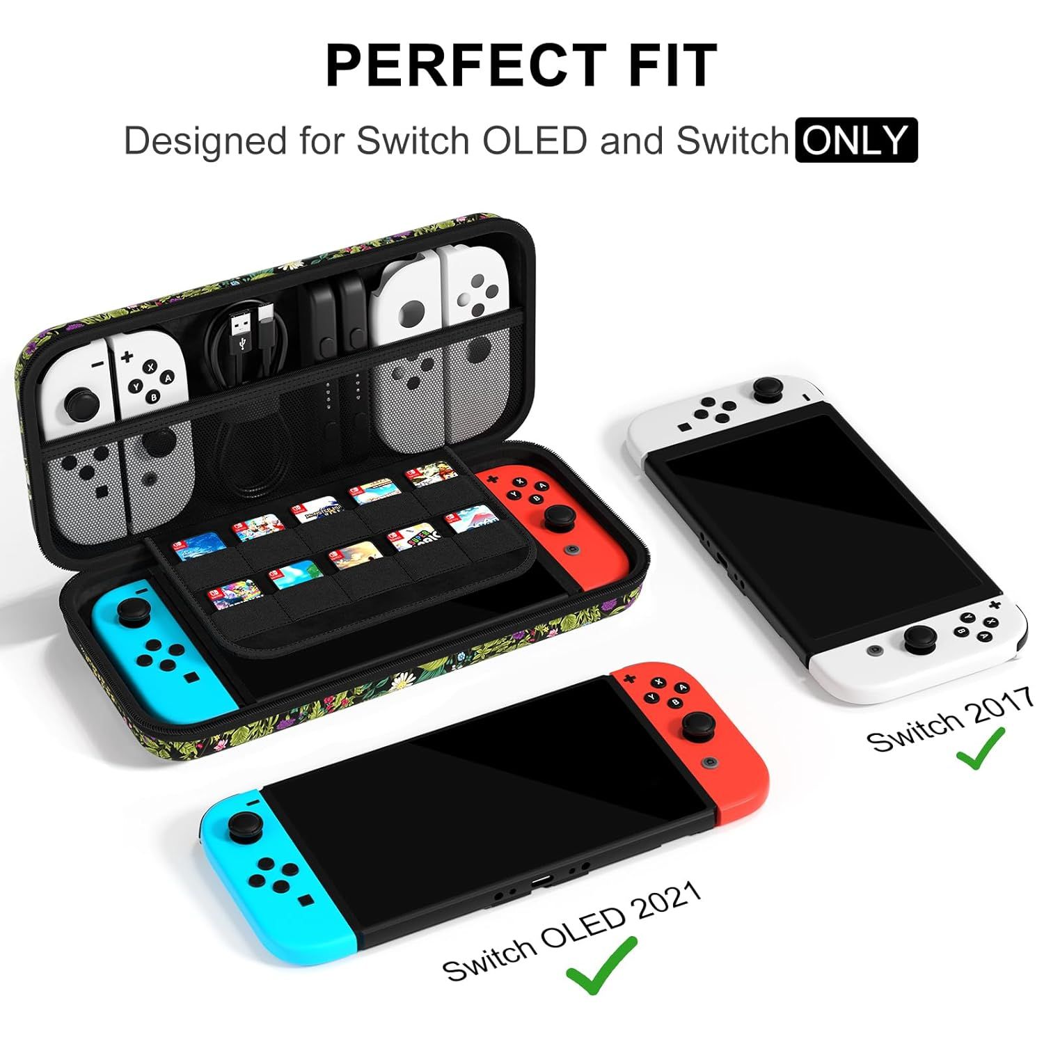 Demonstrates that the carrying case is compatible with multiple Nintendo Switch models (Switch OLED 2021 and Switch 2017), reassuring shoppers that it will fit their specific device. Shows what the…