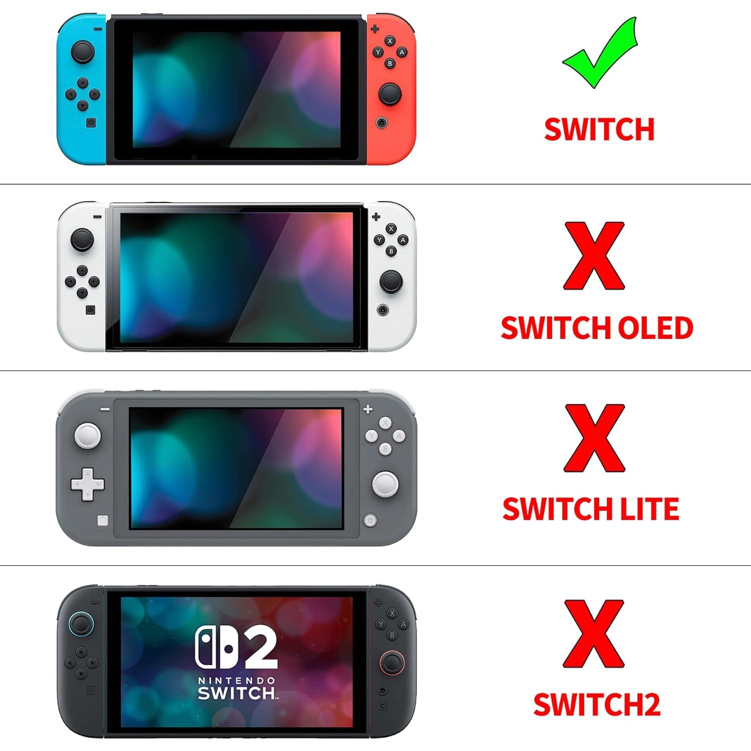 Shows which Nintendo Switch models are compatible with the product (original Switch only) and which models are not compatible (OLED, Lite, and Switch 2), helping shoppers verify fit before purchase.