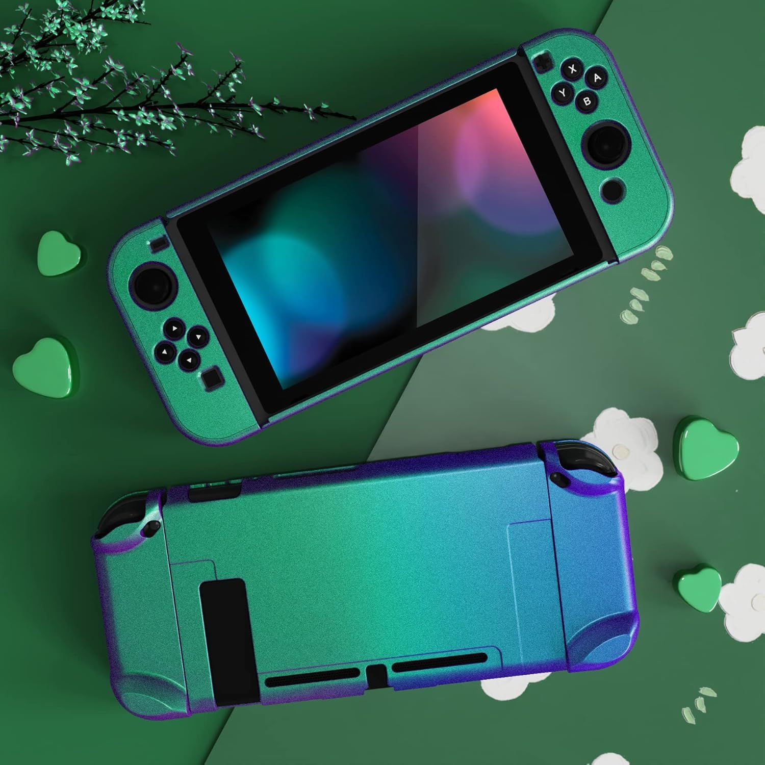 Shows the gaming console with protective case from front and back angles in a clean, styled product photography setting to help shoppers visualize the product's appearance and design.