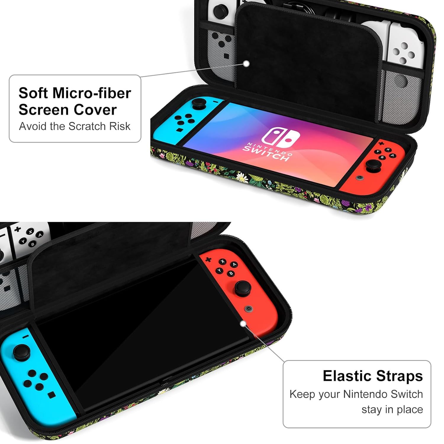 Highlights two distinct protective features of the Nintendo Switch case: the soft micro-fiber screen cover that prevents scratches and the elastic straps that secure the device in place.