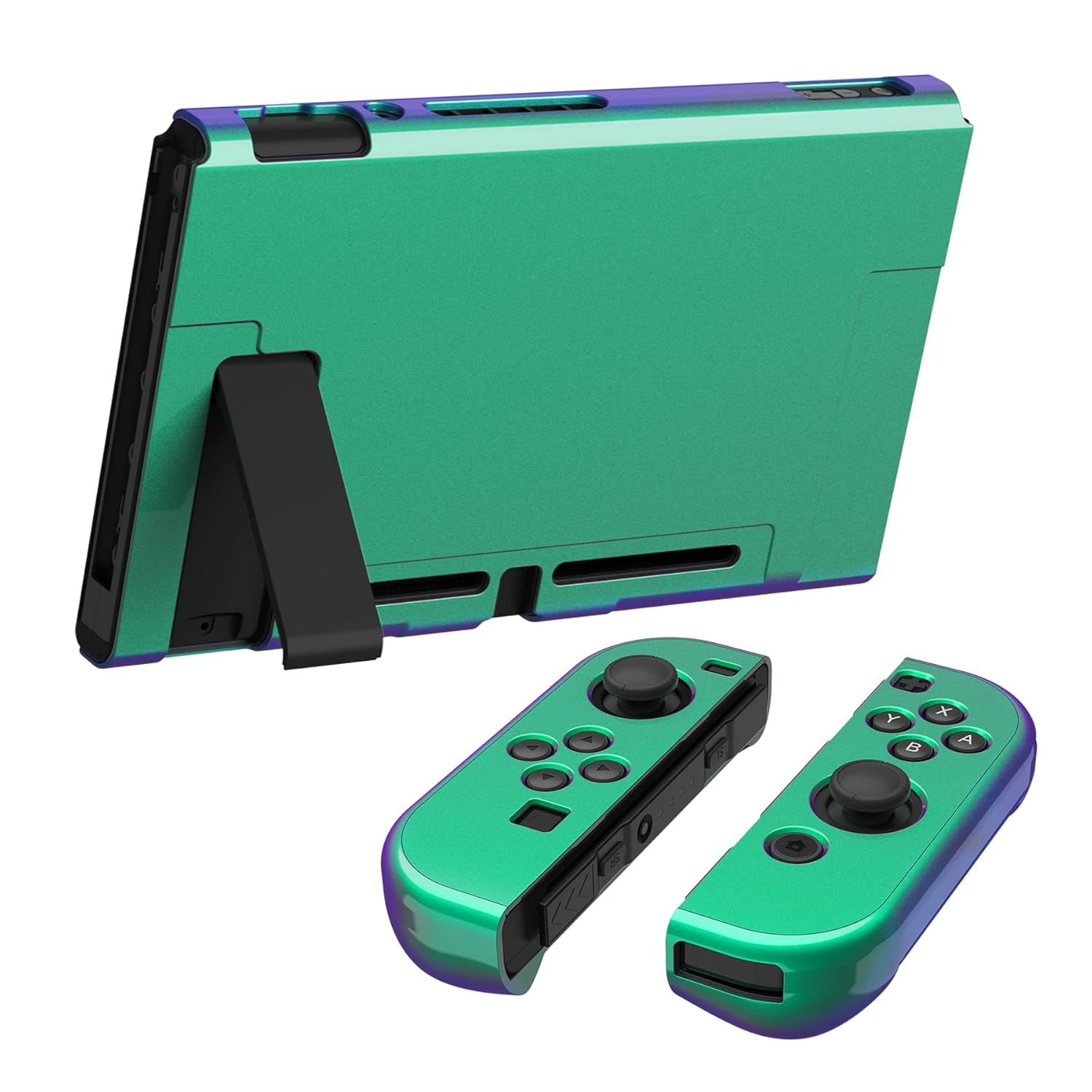 Displays the protective case with built-in kickstand and matching controller covers in a clean, catalog-style presentation to show the complete product set and color design.