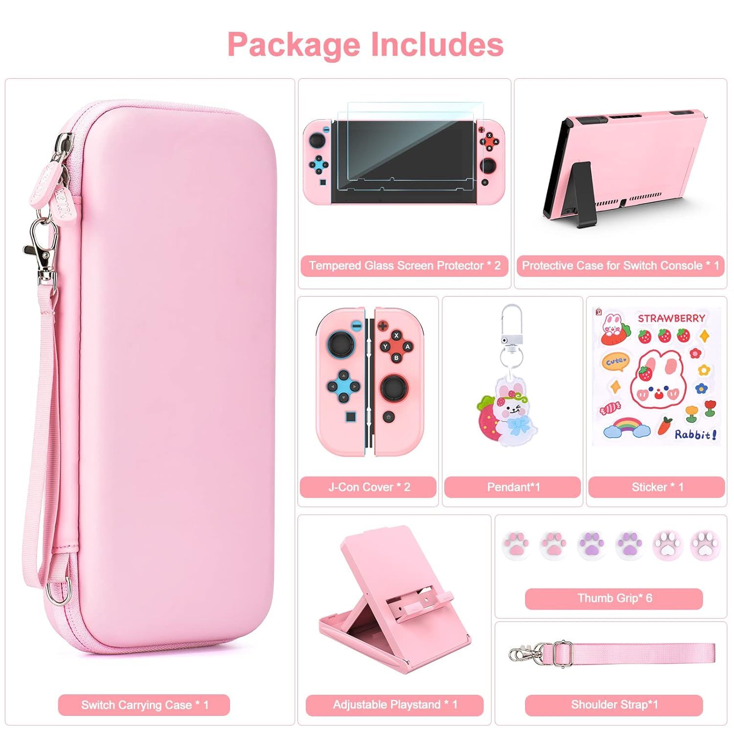 Shows all items included in the package to help shoppers understand the full value of the bundle, including carrying case, protective case, screen protectors, J-Con covers, pendant, stickers, thumb…