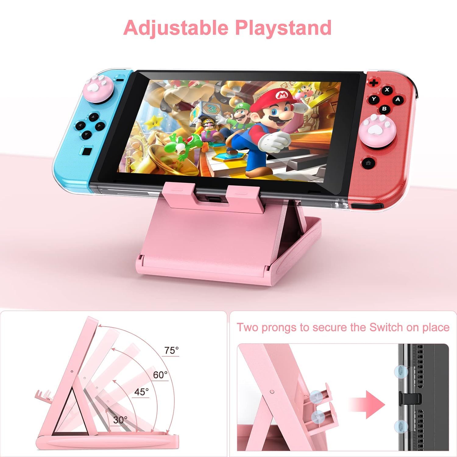 Demonstrates the playstand's adjustable angle feature (30°-75°) and secure two-prong mounting system to reassure shoppers of versatility and stability for their gaming device.