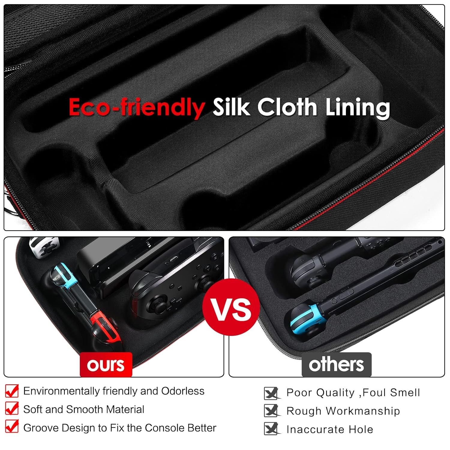 Demonstrates the superiority of this product's case interior compared to competitors by highlighting eco-friendly materials, better fit, and quality construction versus poor quality alternatives.…