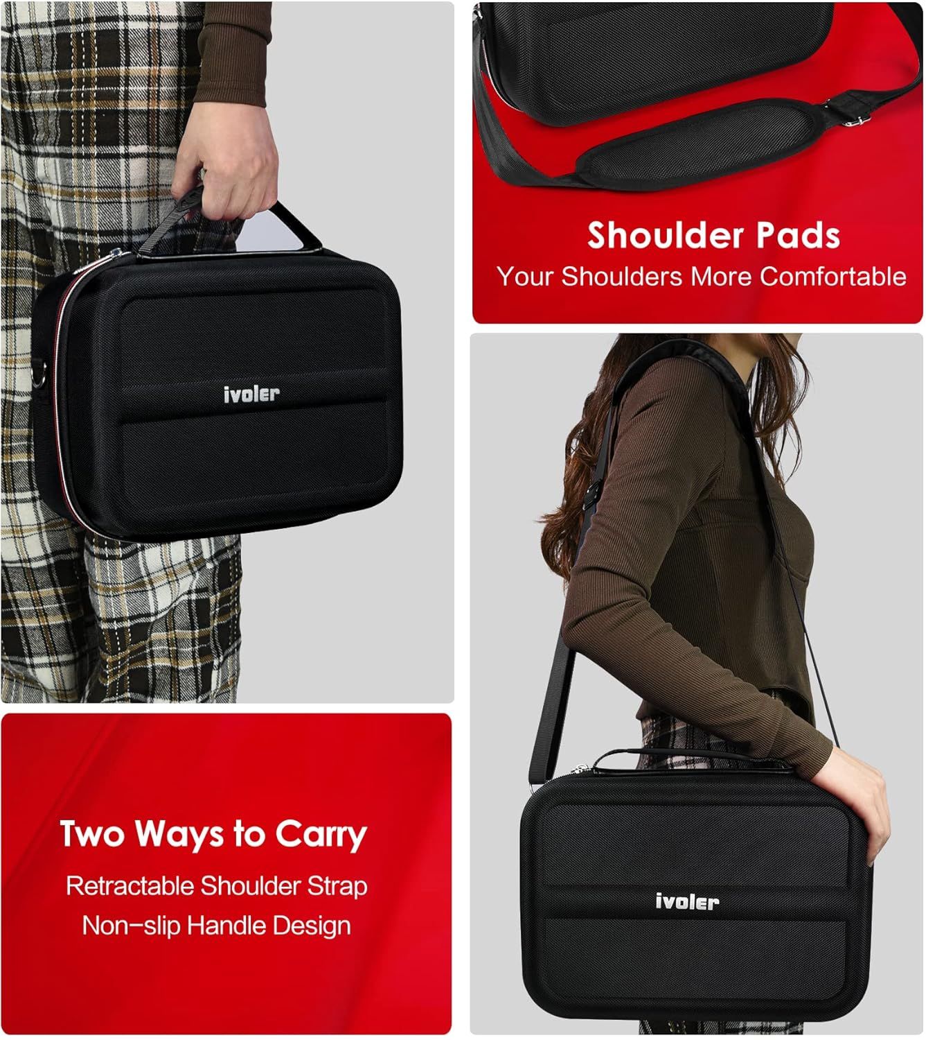 Communicates multiple distinct benefits of the bag in a segmented layout: padded shoulder straps for comfort and dual carrying options (handle and shoulder strap) for versatility.