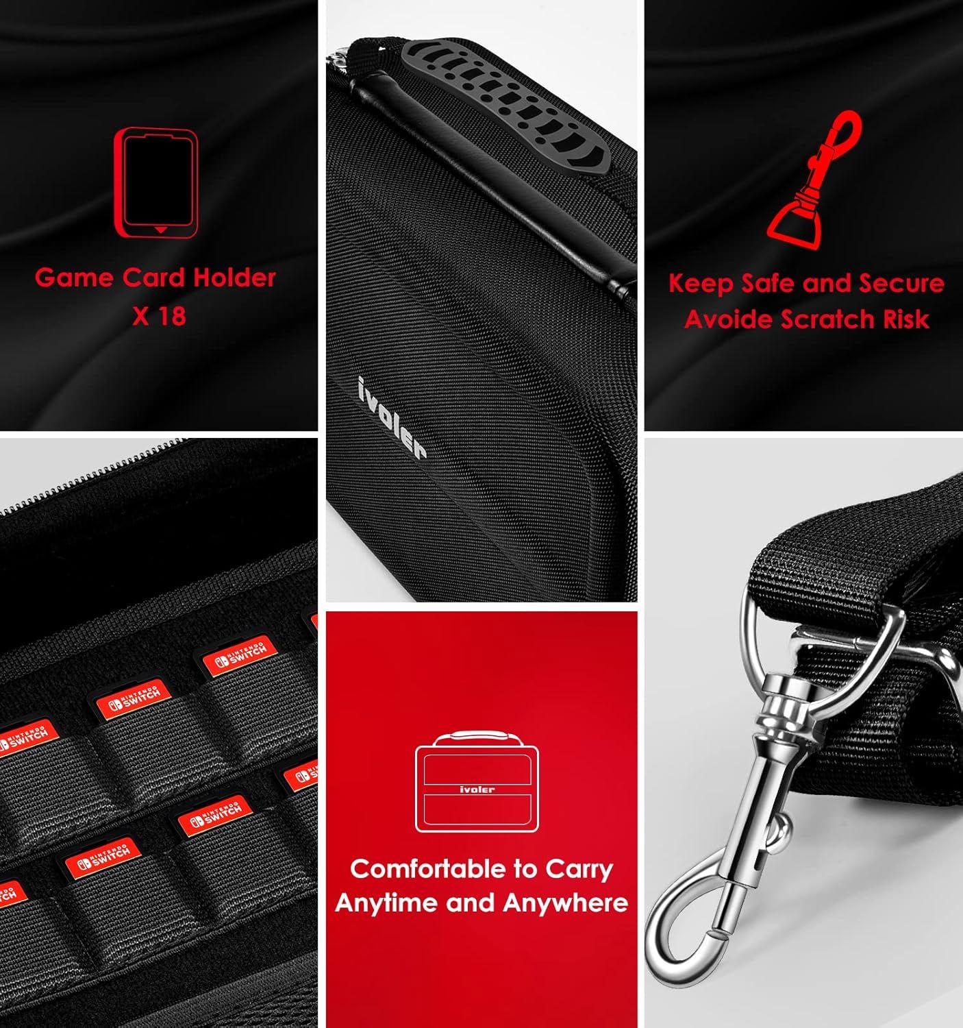 Communicates multiple key benefits of the carrying case including storage capacity for 18 game cards, protective design with secure closure to prevent scratches, and portable convenience with…