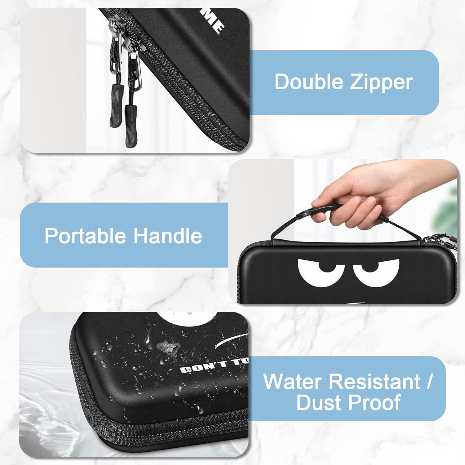 Showcases three distinct product benefits in a segmented layout to communicate the case's convenience, portability, and protective features.