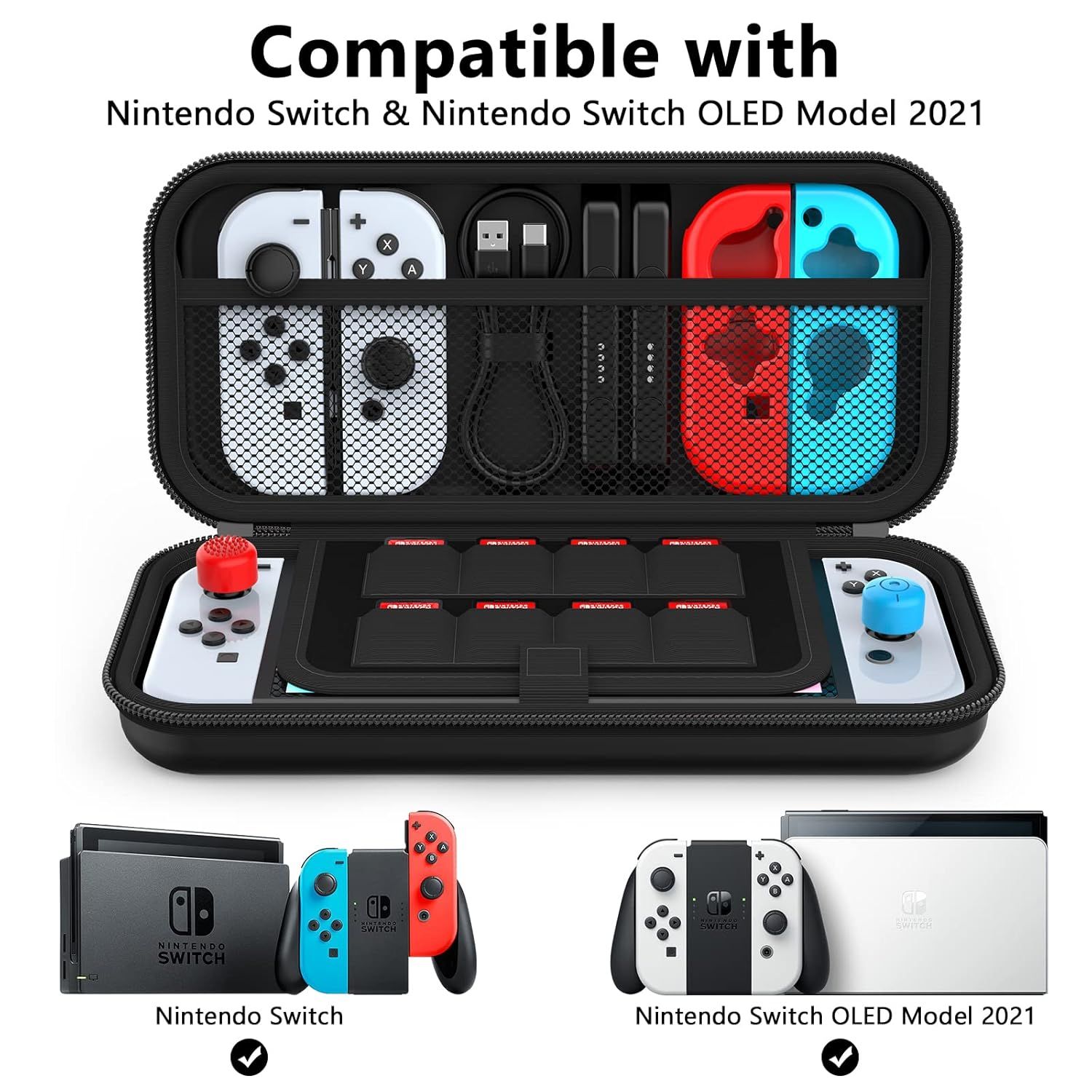 Communicates which Nintendo Switch models the carrying case is compatible with, reassuring shoppers that it will fit their specific device.