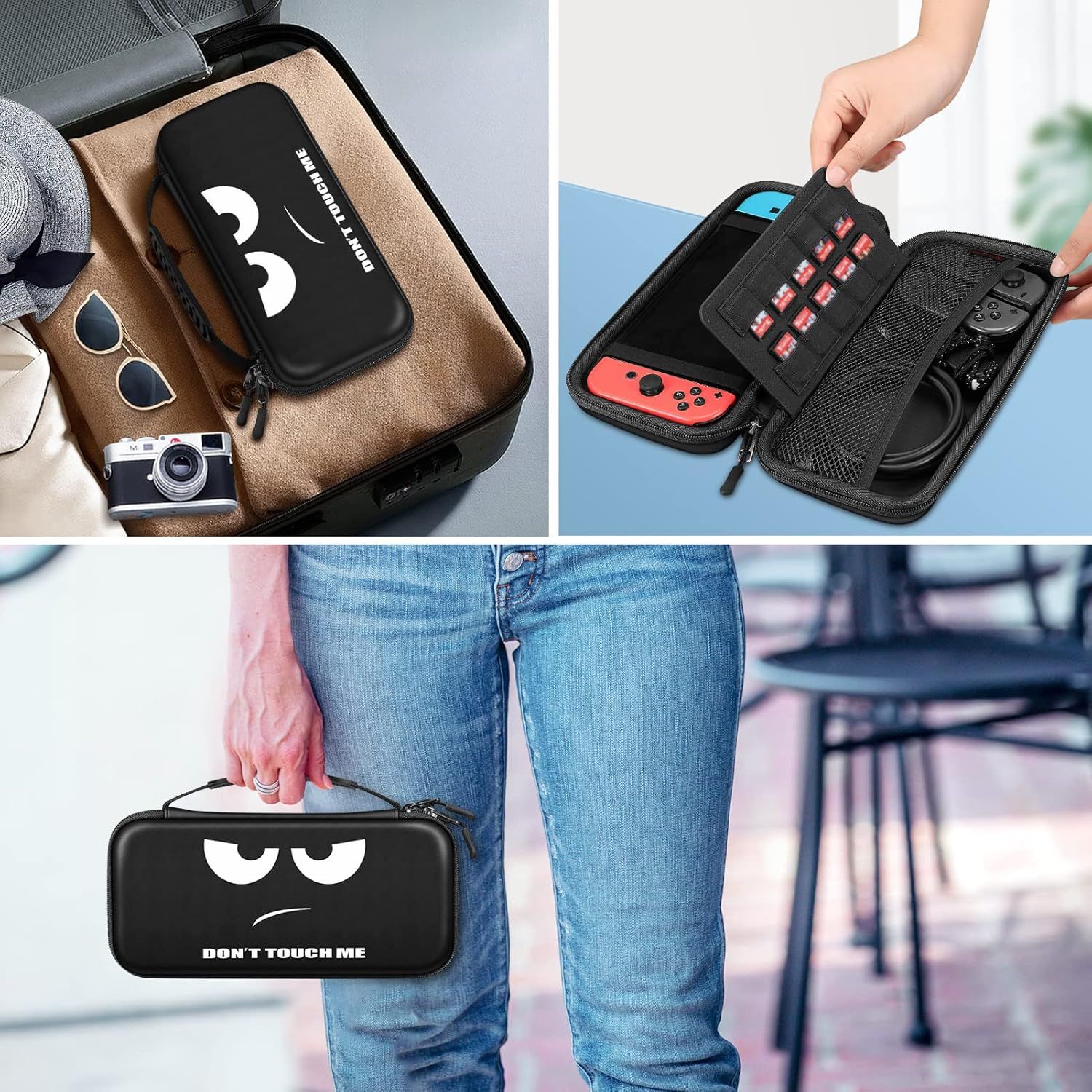 Demonstrates multiple use cases for the carrying case, showing it can be used for travel (on luggage), storage (organized interior with game cartridges and accessories), and portability (carried by…