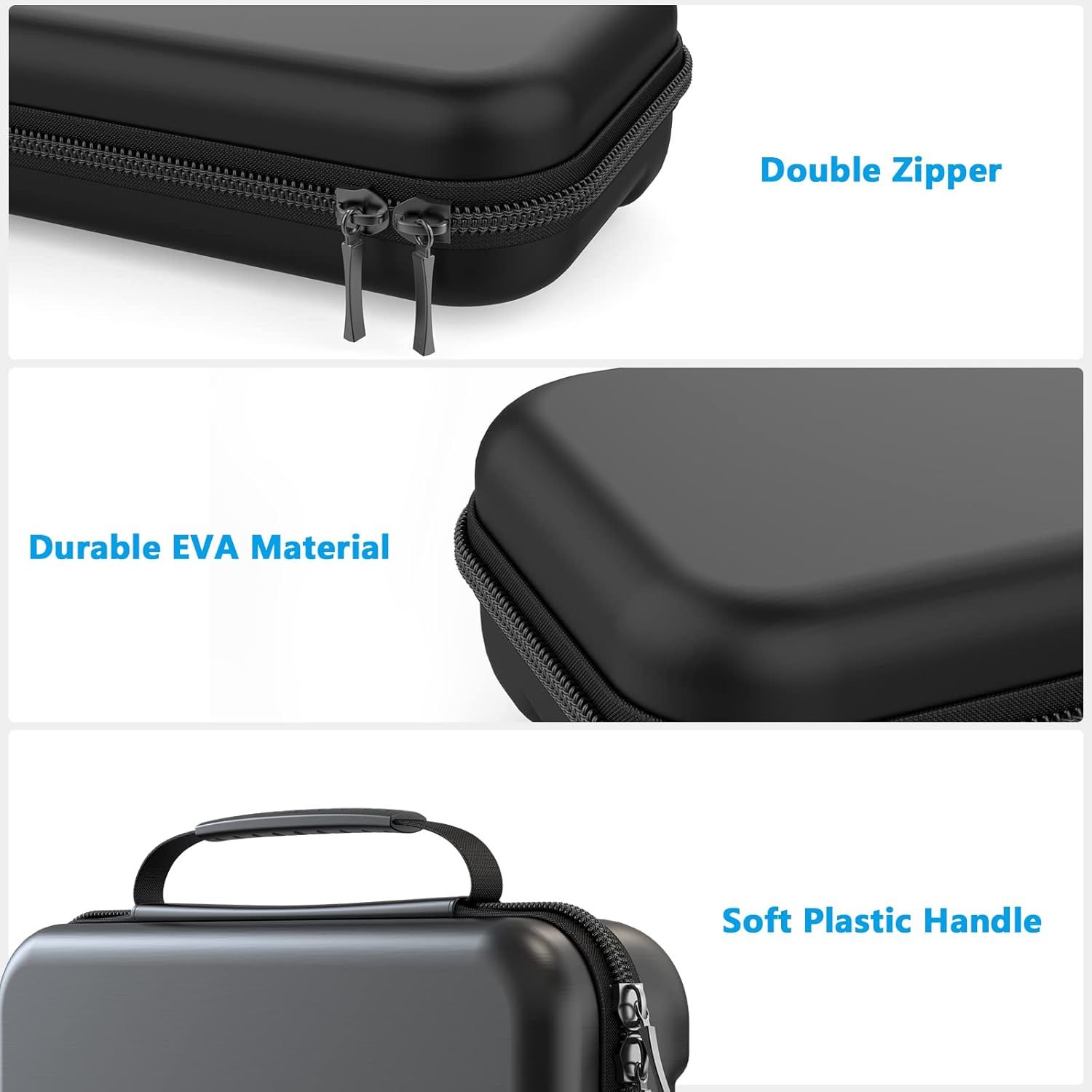 Highlights the key physical components and construction features of the carrying case to communicate quality, durability, and ease of use.