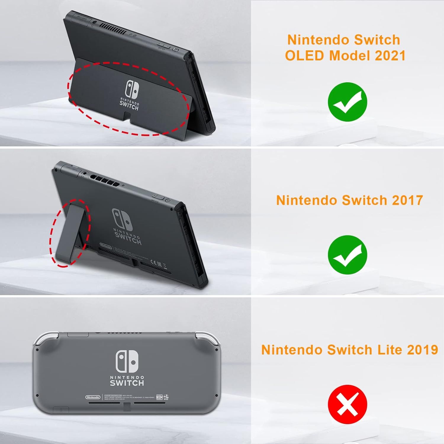 Communicates which Nintendo Switch models are compatible with the product, helping shoppers confirm fit before purchase. Shows which Nintendo Switch models the product works with (OLED 2021 and…