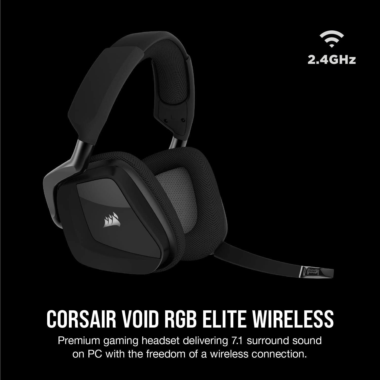 Highlights the wireless connectivity feature of the gaming headset, emphasizing the freedom and convenience of a 2.4GHz wireless connection with premium 7.1 surround sound for PC gaming.