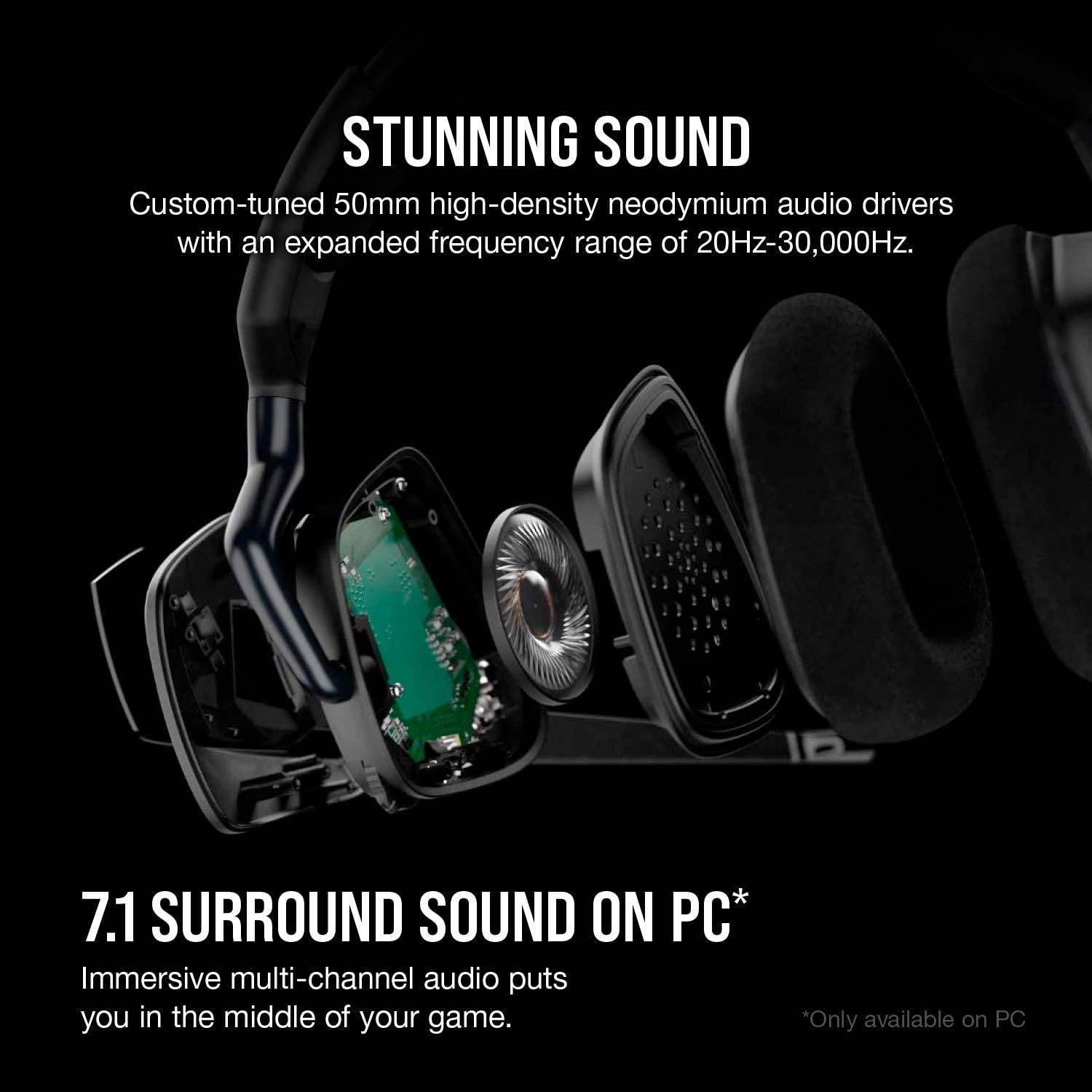 This image showcases the internal construction and audio components of the headphones, highlighting the premium 50mm neodymium drivers and technical specifications to communicate superior sound…