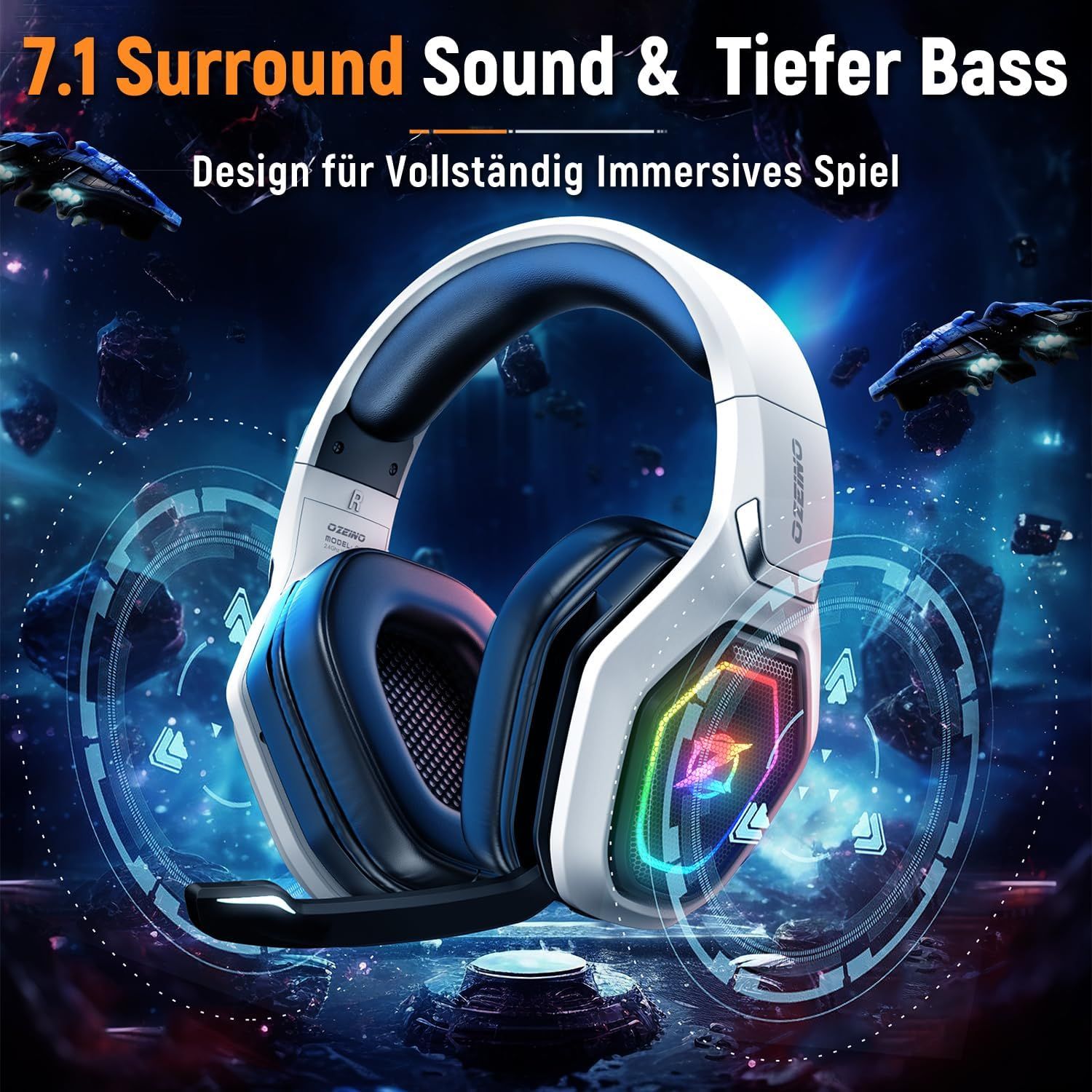 Highlights multiple premium audio features (7.1 surround sound and deeper bass) to communicate superior gaming audio performance and immersive experience.