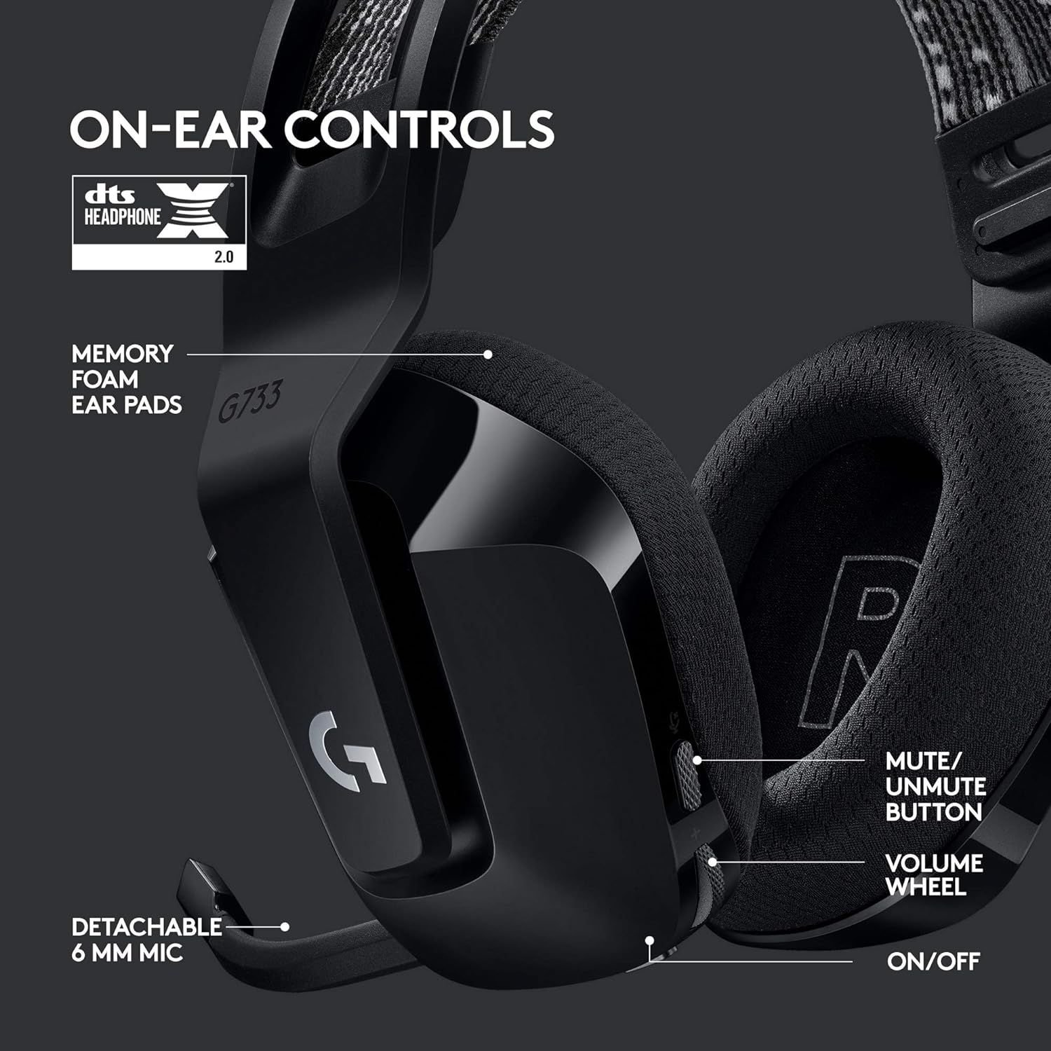 This image breaks down the gaming headset's physical components and control features, helping shoppers understand the product's build and functionality through labeled callouts pointing to specific…