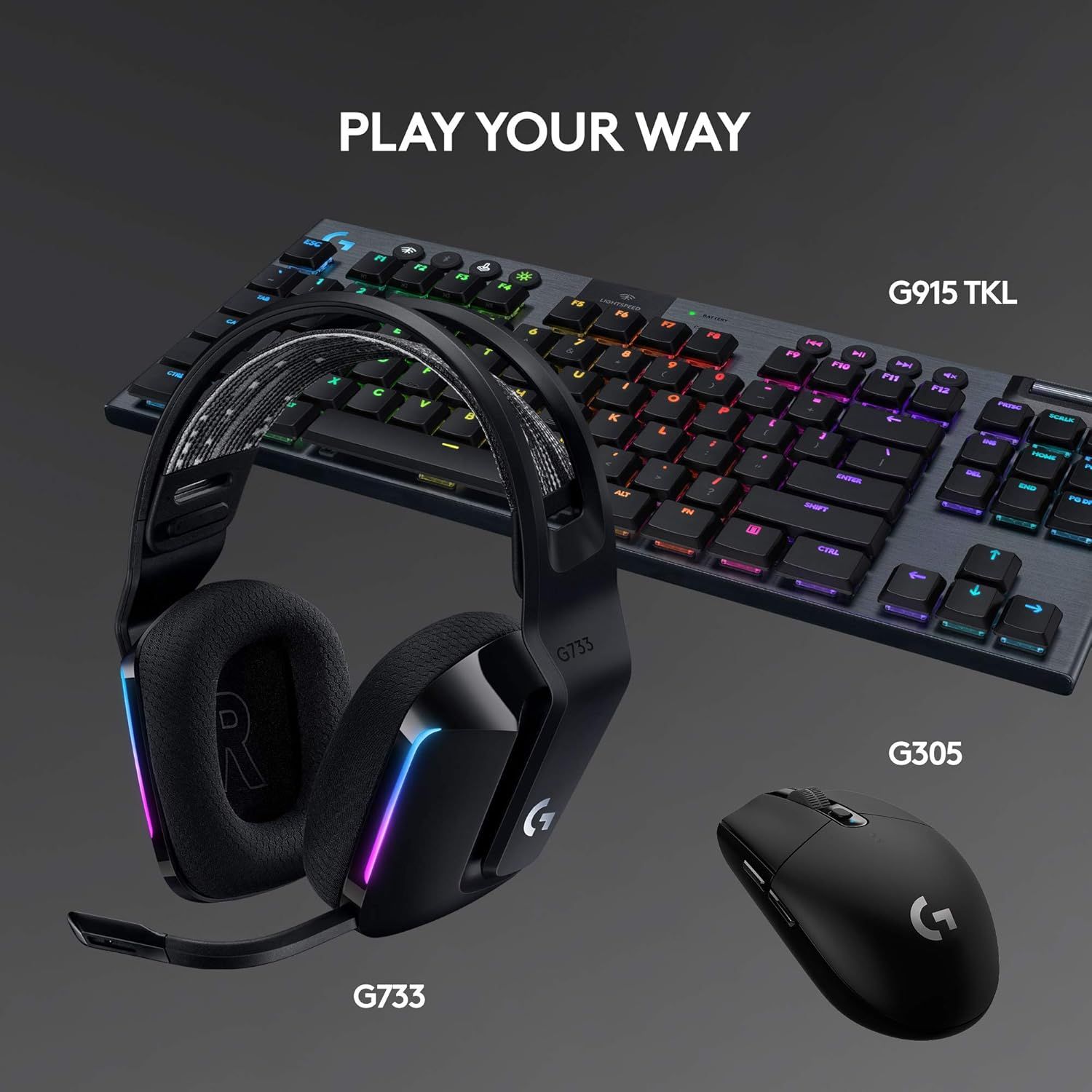 Showcases the brand's gaming product lineup (keyboard, headset, and mouse) to help shoppers understand the available options and encourage multi-product purchase.