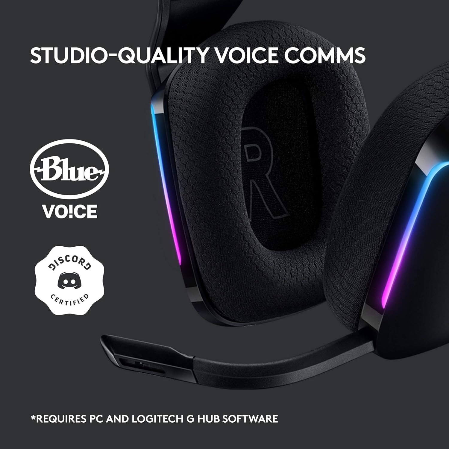 Highlights the headset's premium voice communication quality powered by Blue VO!CE technology and Discord certification to reassure gamers of clear, professional-grade audio performance.