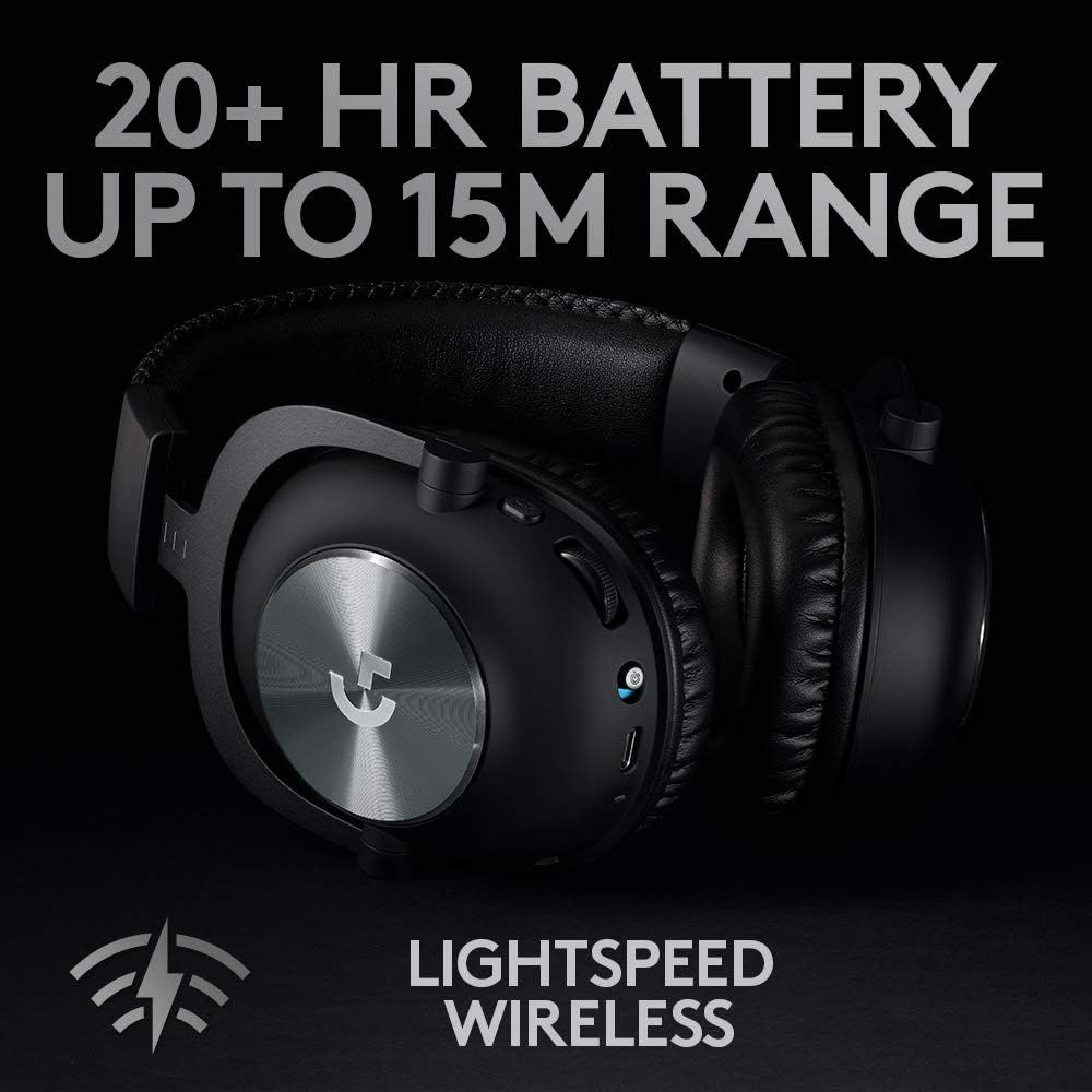 Communicates multiple key performance benefits of the gaming headset—20+ hour battery life, 15m wireless range, and proprietary Lightspeed wireless technology—to reassure shoppers of superior…