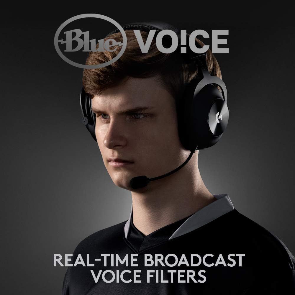 Highlights the headset's real-time voice filtering capability to communicate enhanced audio quality and professional broadcast features for gamers and streamers.