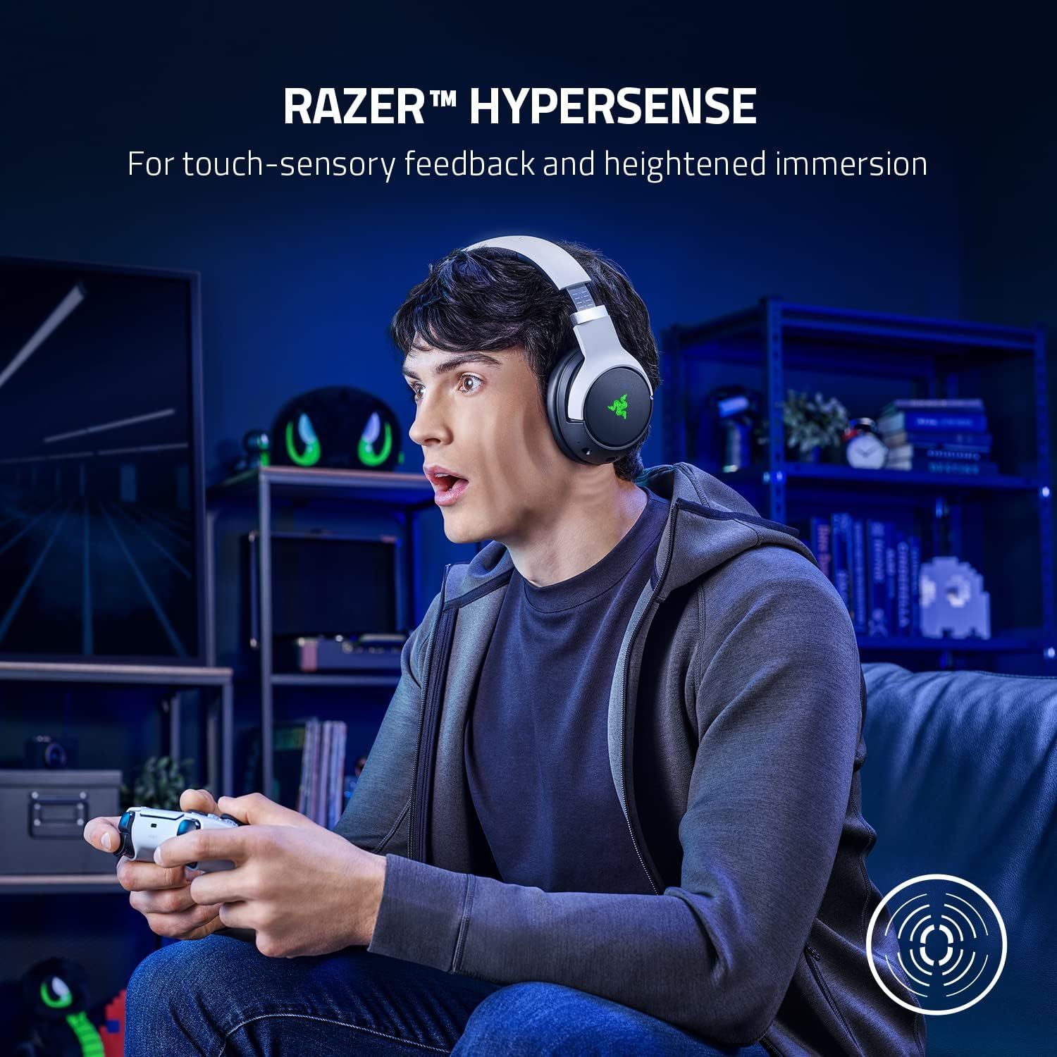 Communicates the key feature of Razer Hypersense technology, emphasizing the immersive gaming experience through touch-sensory feedback to appeal to gamers seeking enhanced gameplay.