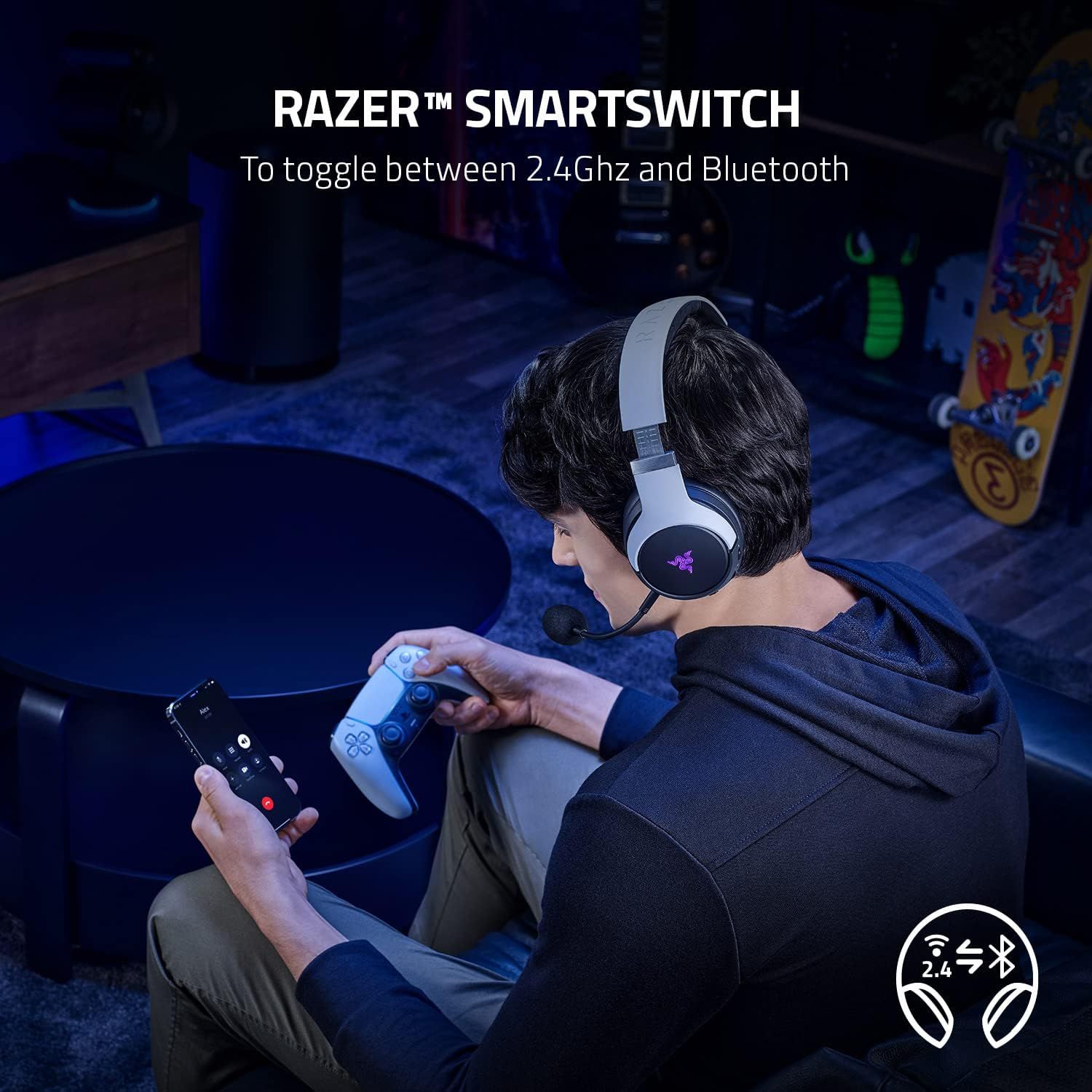 Highlights the Razer SmartSwitch feature that allows users to seamlessly toggle between 2.4GHz wireless and Bluetooth connectivity modes, emphasizing versatility and convenience for gaming across…