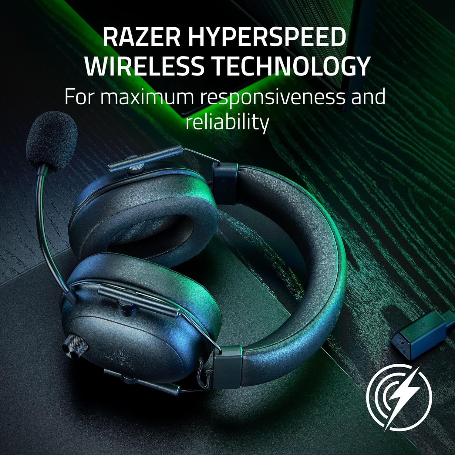 Highlights the Razer HyperSpeed wireless technology to communicate that the headset delivers maximum responsiveness and reliability for gaming performance.