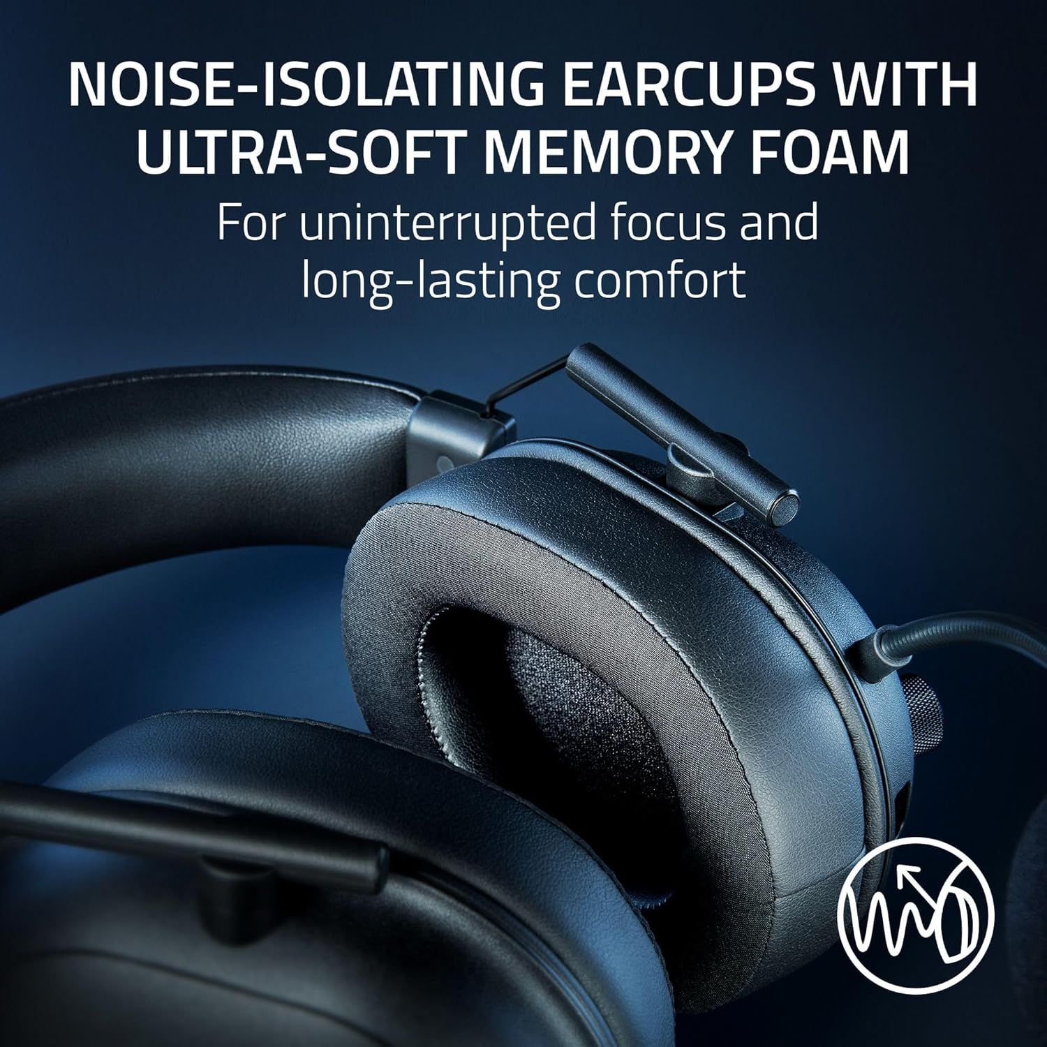 Highlights the headphones' noise-isolating earcups with ultra-soft memory foam to communicate comfort and focus benefits for extended use.
