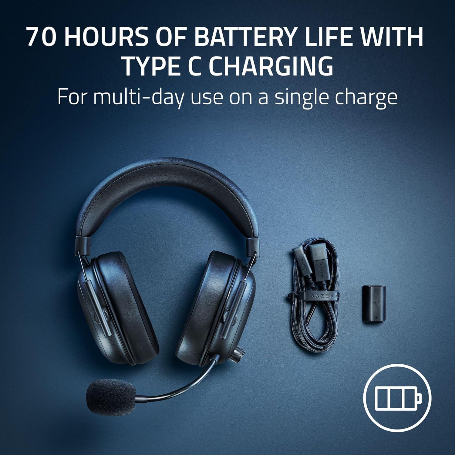 Communicates the impressive 70-hour battery life performance metric to reassure shoppers they can use the headset for multiple days without recharging. Shows all the items included in the package so…