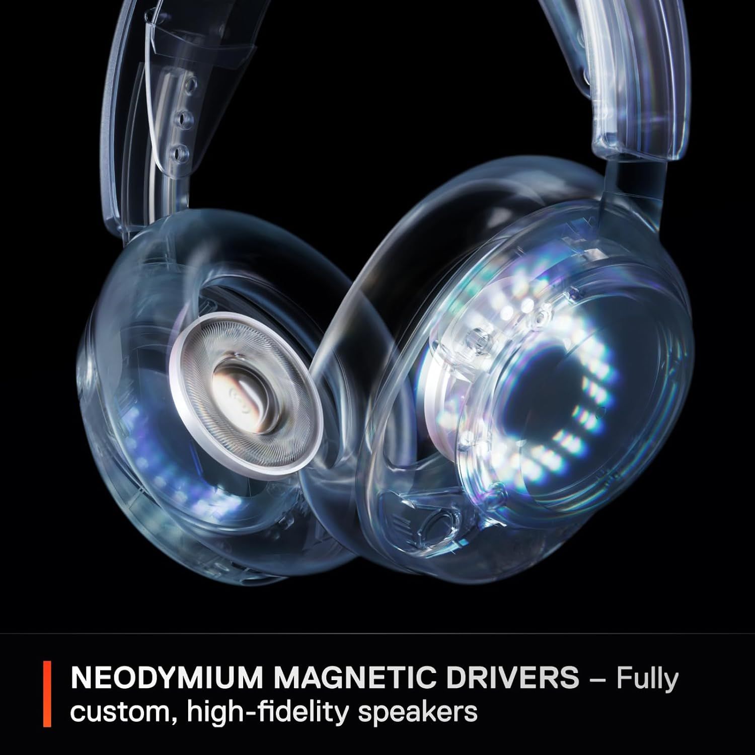 Showcases the internal speaker components and driver technology to communicate premium audio engineering and high-fidelity sound quality. Highlights the neodymium magnetic drivers as the key benefit…