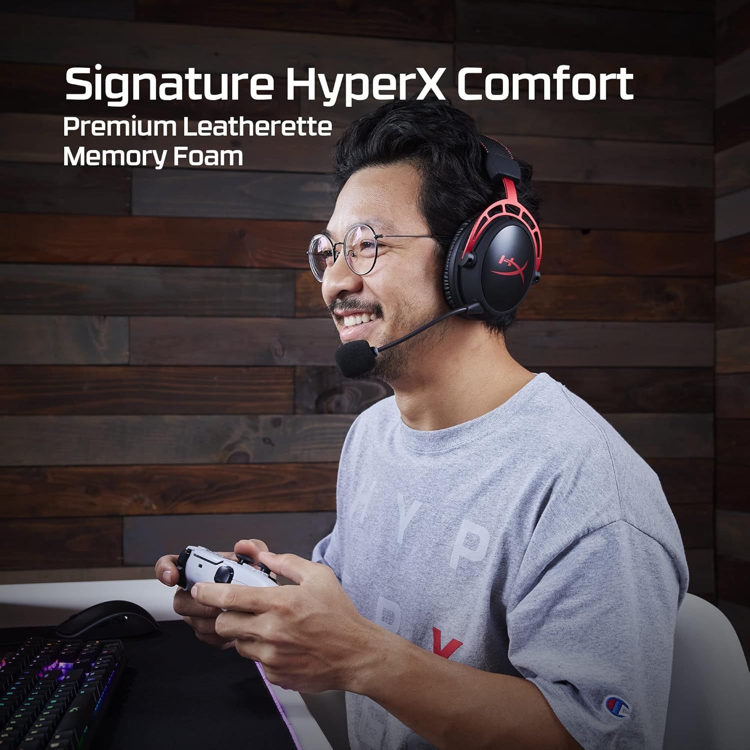 Highlights the premium material construction of the gaming headset to communicate comfort and quality to shoppers.