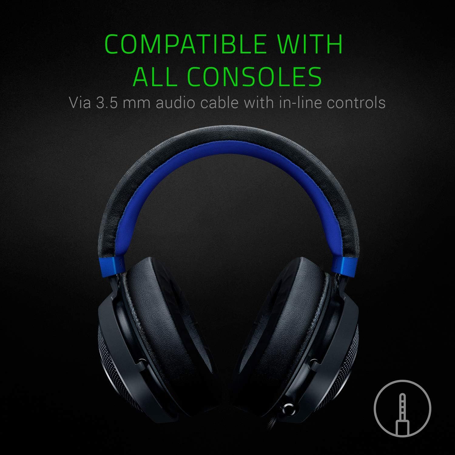 Communicates that the gaming headset works with all gaming consoles via 3.5mm audio cable, reassuring shoppers about universal compatibility. Highlights the key benefit of broad compatibility across…