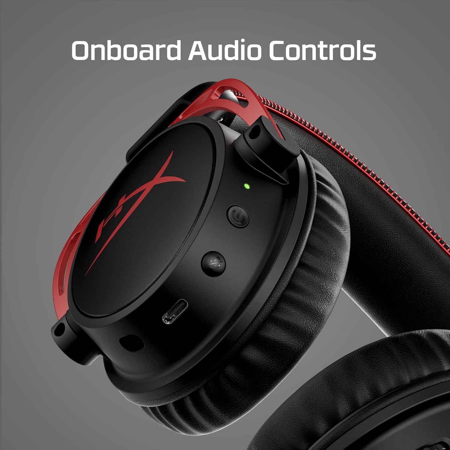 Highlights the convenient onboard audio controls built into the headset, allowing users to adjust volume and settings without reaching for their device.