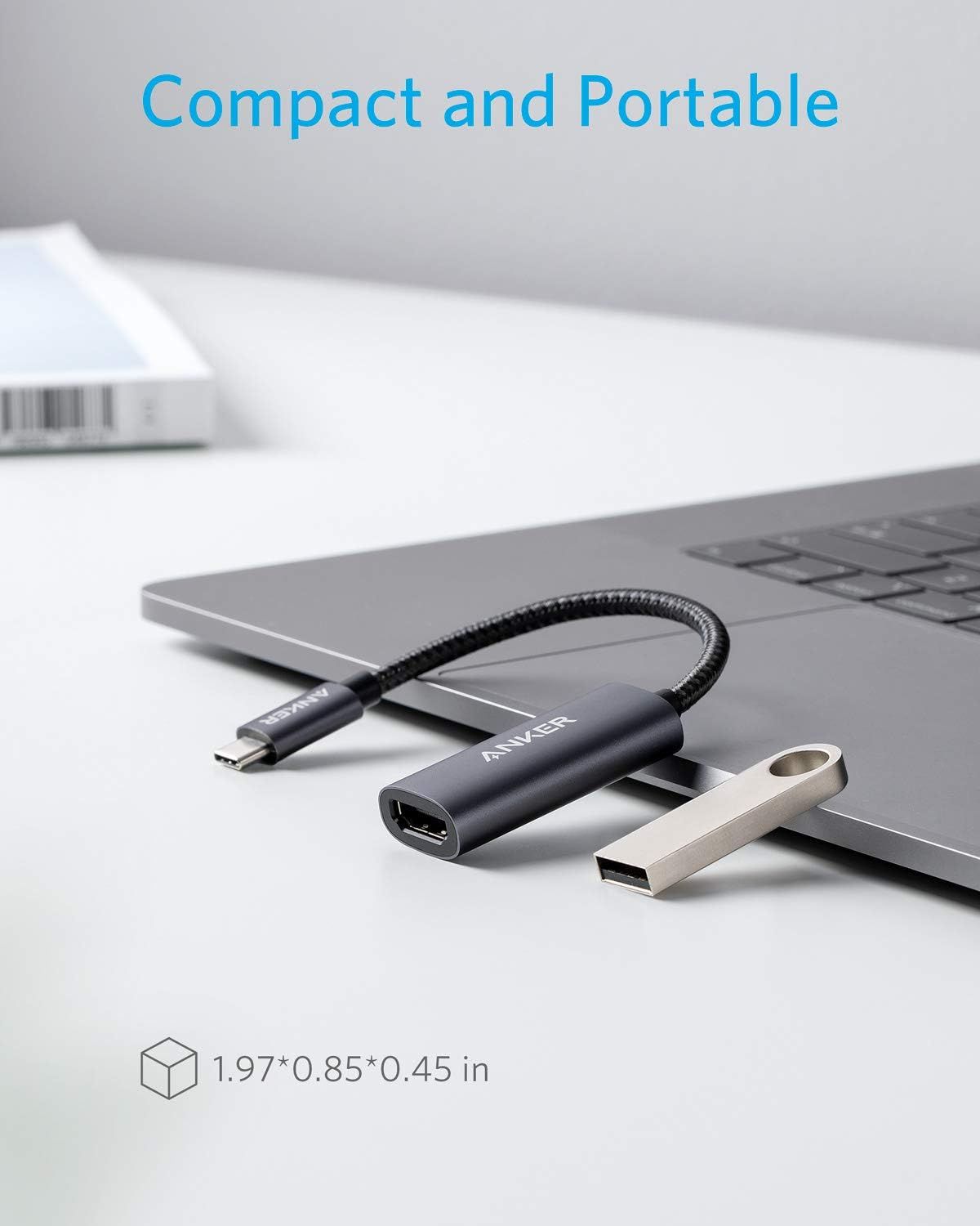 Communicates the product's small physical size (1.97 x 0.85 x 0.45 inches) to reassure shoppers that it's portable and travel-friendly. Highlights the product's portability benefit through a clean…