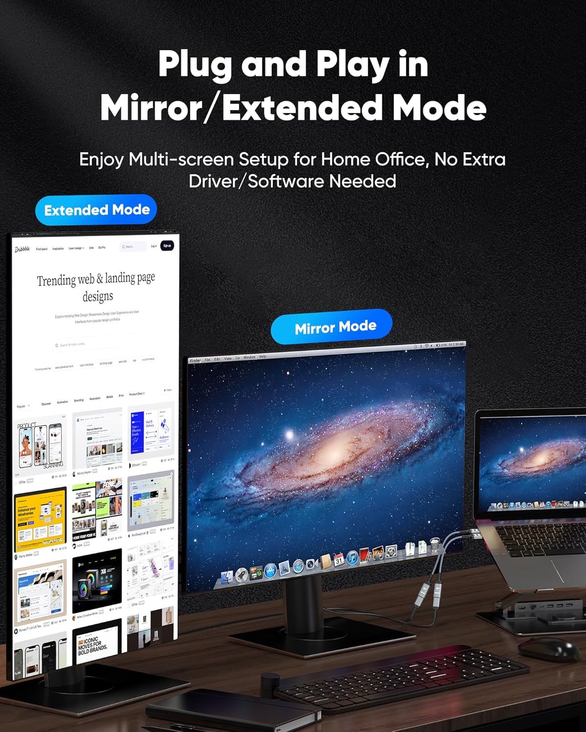 Demonstrates how the product enables easy multi-screen setup for home office use with both mirror and extended display modes, requiring no additional drivers or software installation. Shows multiple…