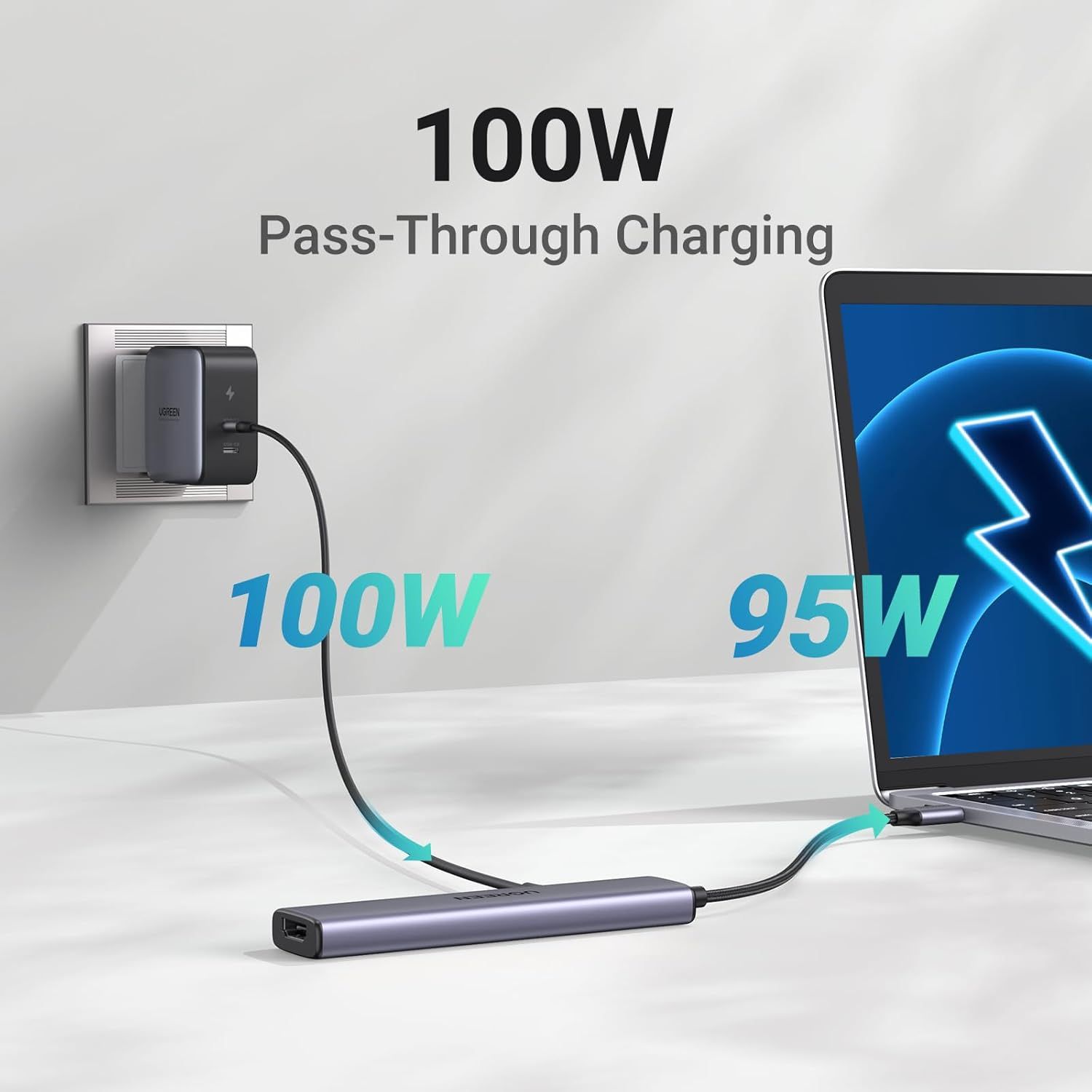 Communicates the high-wattage pass-through charging capability to reassure shoppers that the hub can charge their laptop at full speed while powering other devices. Highlights the convenience of…