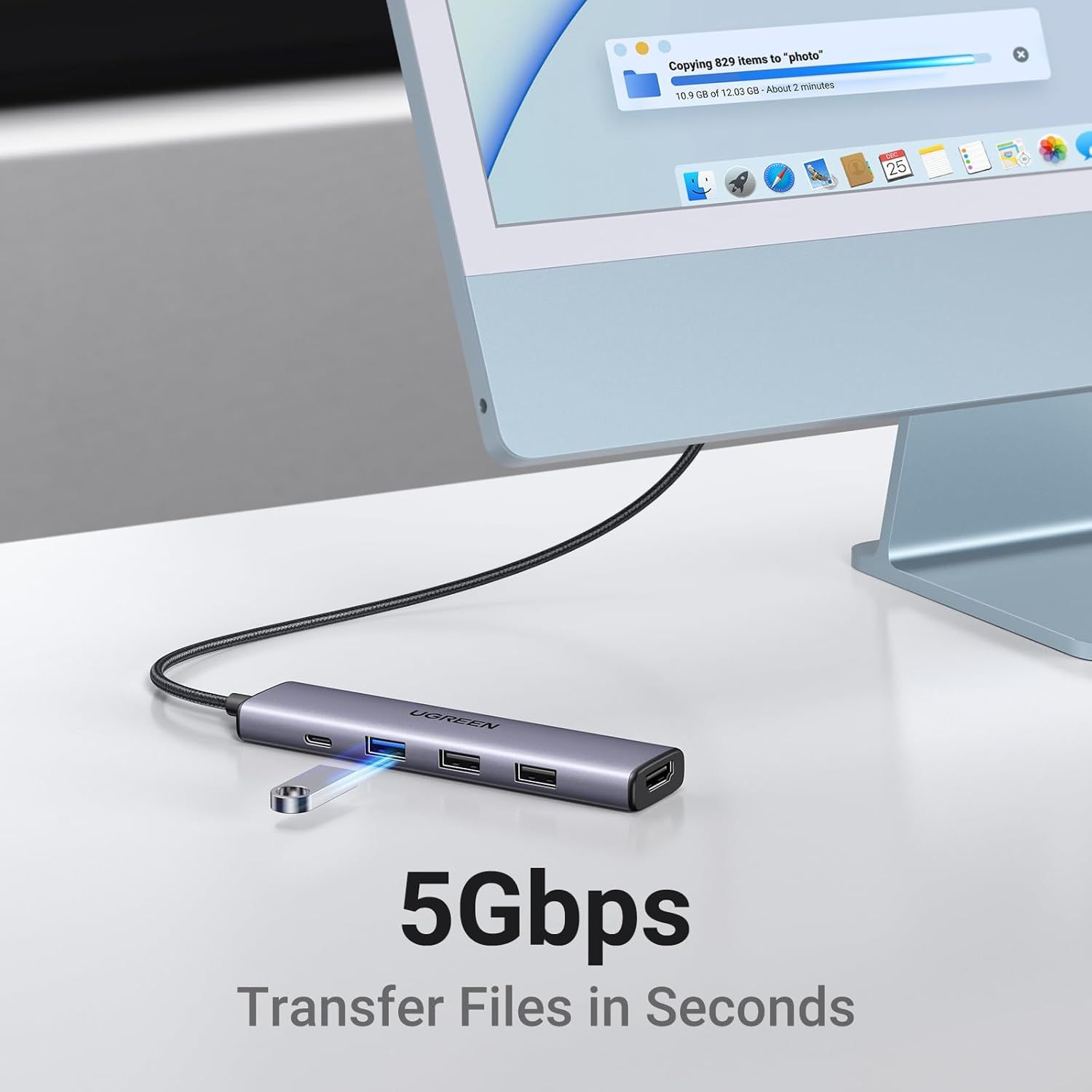 Communicates the high-speed data transfer capability of the USB hub, emphasizing fast file transfer performance to reassure shoppers about efficiency and time savings. Highlights the primary benefit…