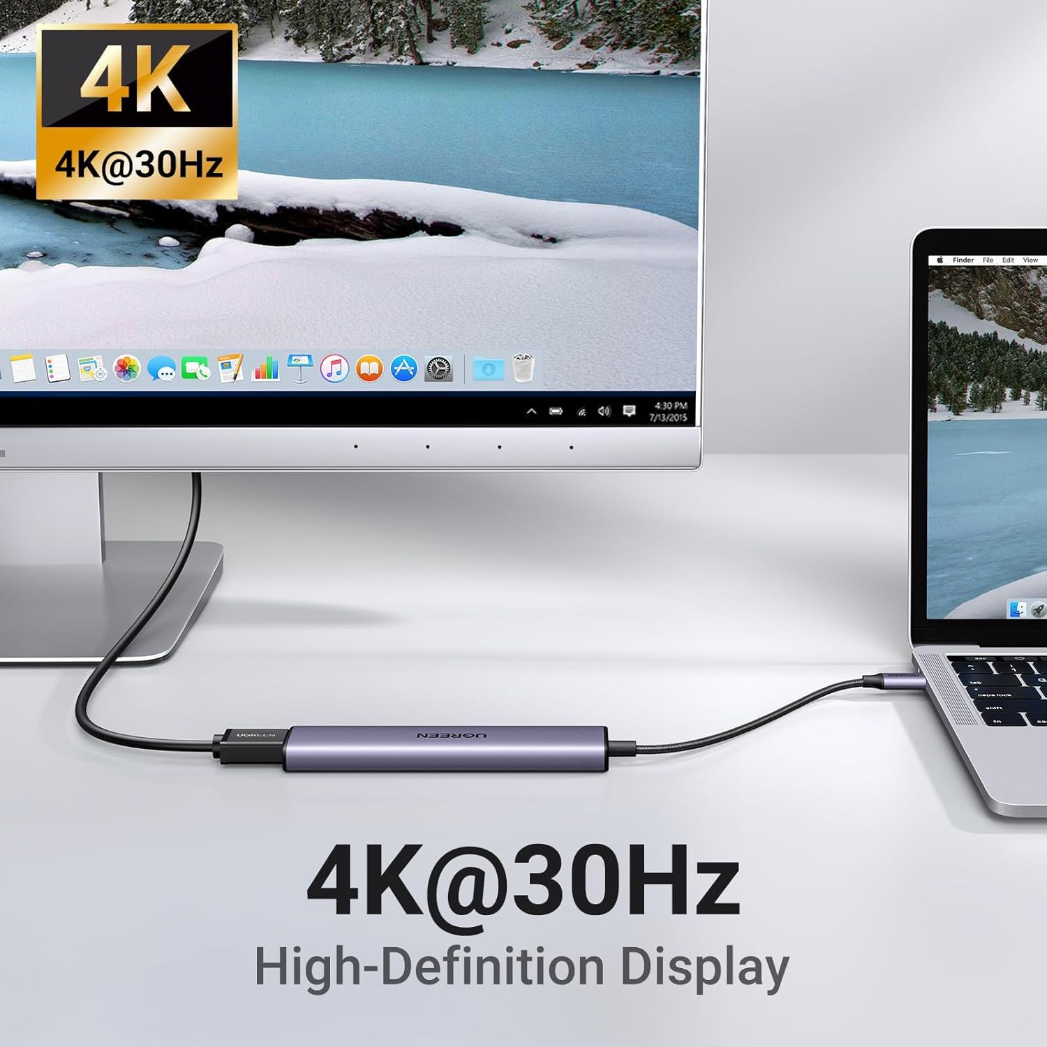 Communicates the product's high-definition display capability at 4K resolution and 30Hz refresh rate, reassuring shoppers of superior video quality and performance.