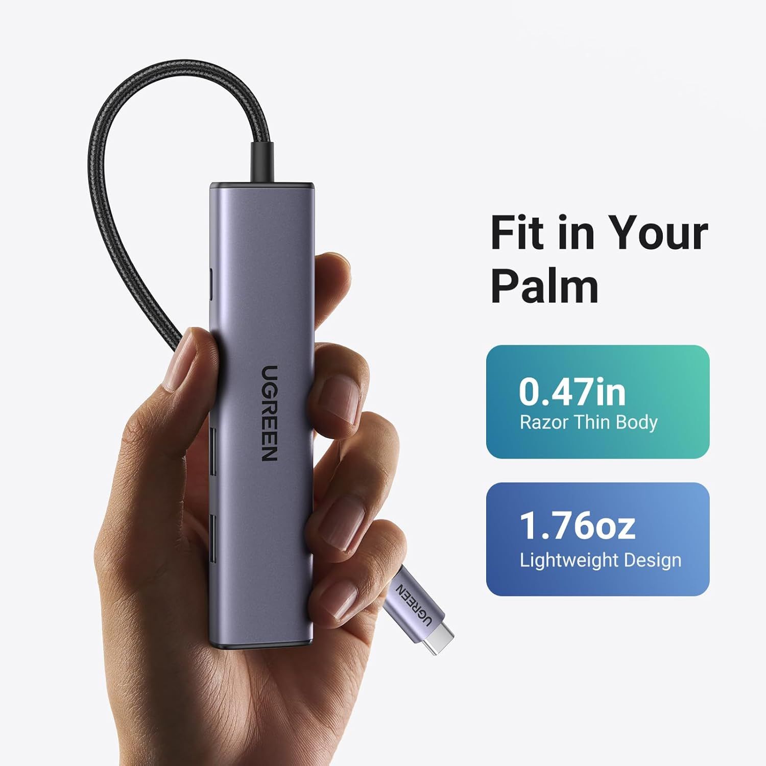 Communicates the product's ultra-compact dimensions (0.47in thin) and lightweight design (1.76oz) to reassure shoppers it's highly portable and fits easily in a palm or pocket. Highlights the key…