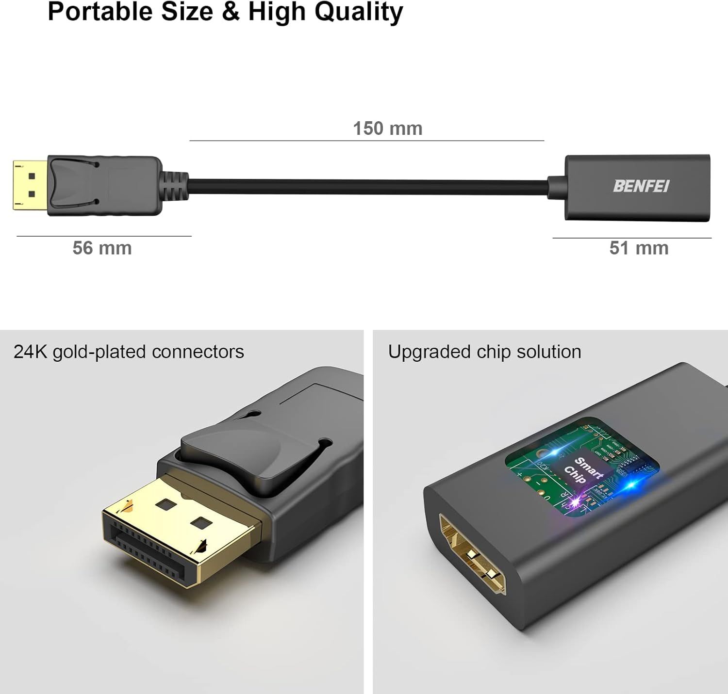 Communicates the physical dimensions of the cable and connectors to reassure shoppers about its compact, portable size for easy transport and storage. Highlights multiple quality features including…