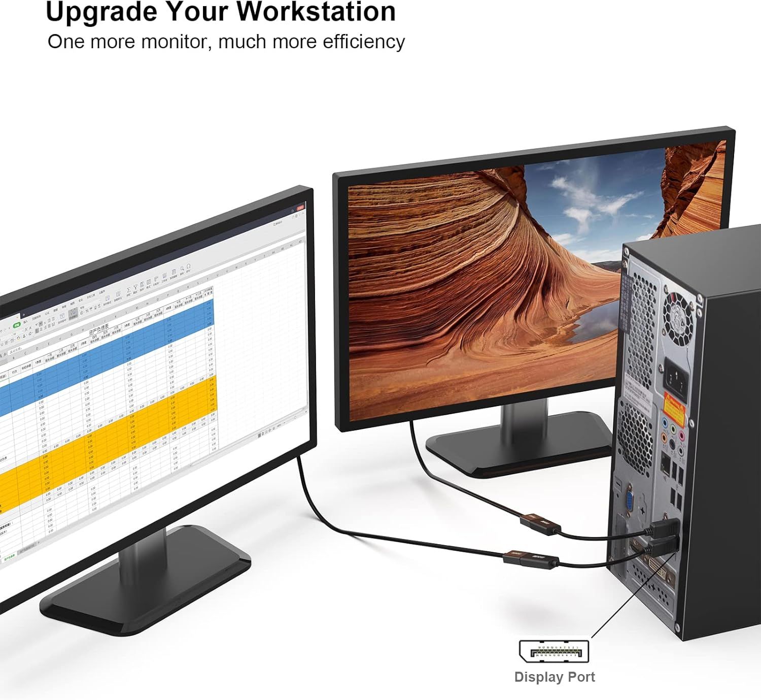 Demonstrates the product's ability to support multiple monitors simultaneously, showing how it enables a dual-screen workstation setup for enhanced productivity and efficiency. Highlights the…