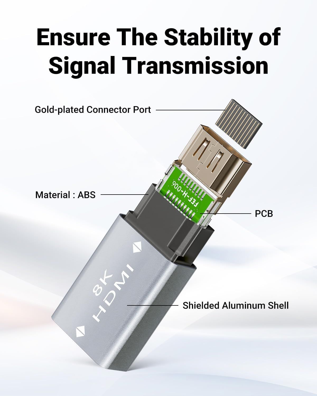 This image breaks down the internal construction and physical components of the HDMI cable connector to demonstrate quality materials and engineering that ensure stable signal transmission.