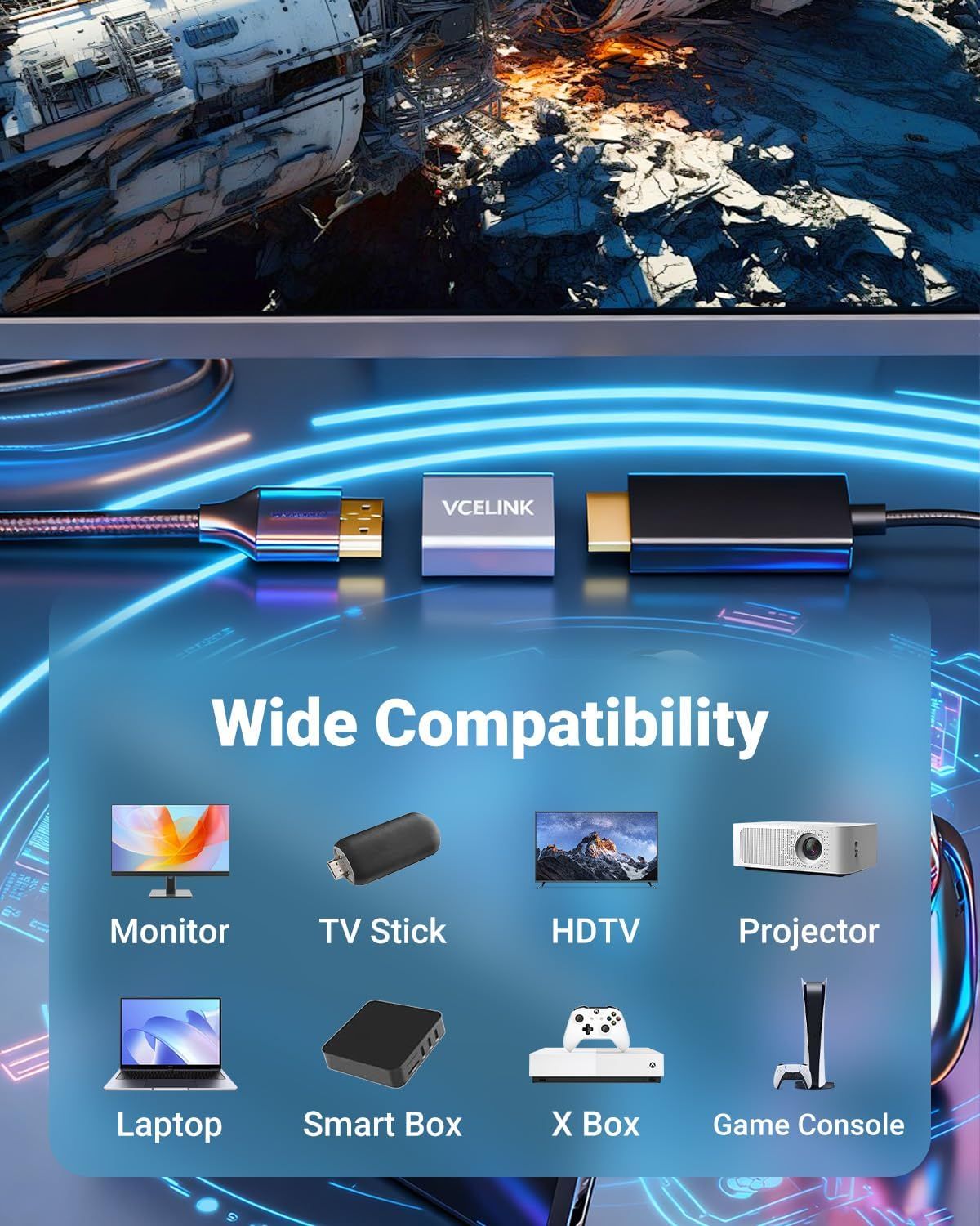 Demonstrates the cable's versatility by showing it works with multiple device types including monitors, TV sticks, HDTVs, projectors, laptops, smart boxes, Xbox, and game consoles, reassuring…